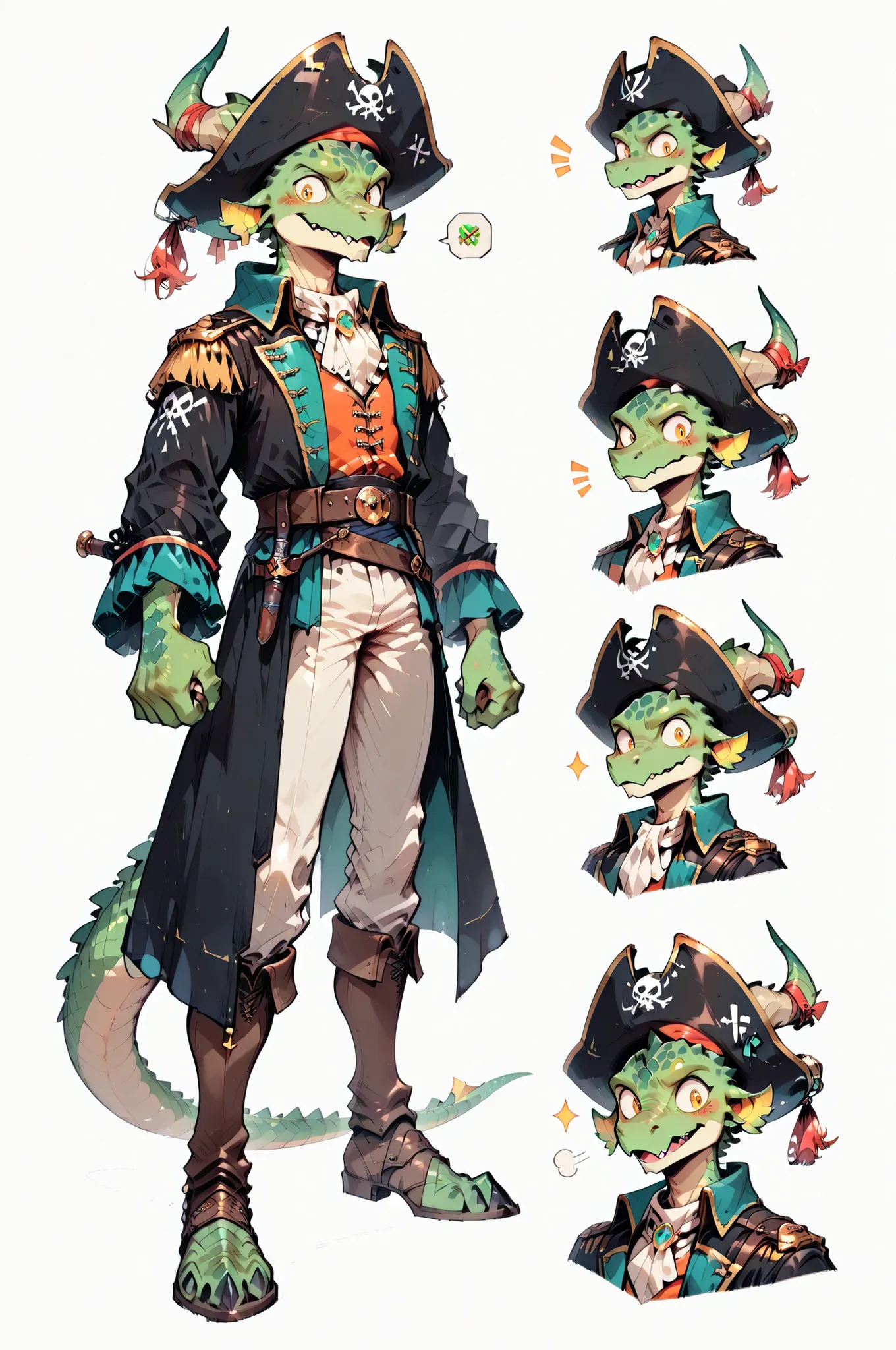 ( solo male, green skin, green scales, (((Kobold)), (detailed kobold)) wearing a adventure equipament , pirate clothes, ,character design, 
