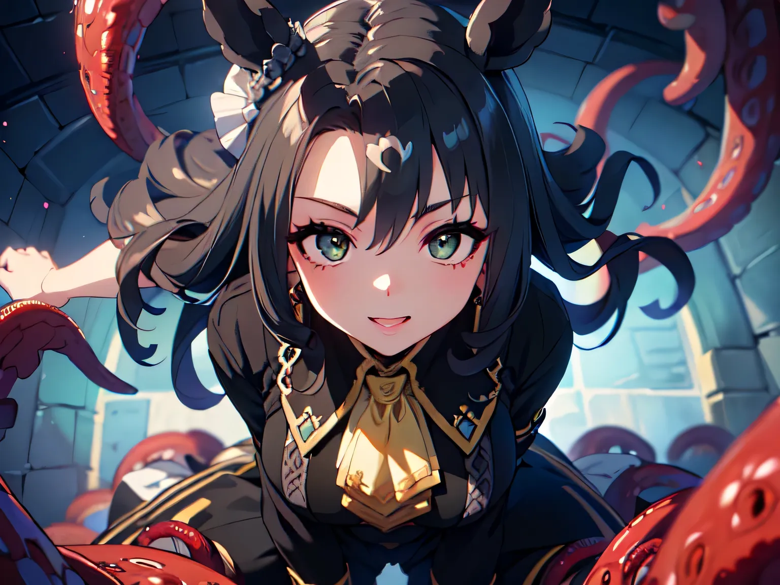 (Solo, upper body POV, 3DCG, highest detail, highest resolution, highest quality, anatomically correct: 1.5),(underground black wall、 Lots of Tentacles、Surrounded by Tentacles、are attacked by tentacles: 1.5)、(Beautiful Girl with Horse Ears、Petite: 1. 5）、
（...