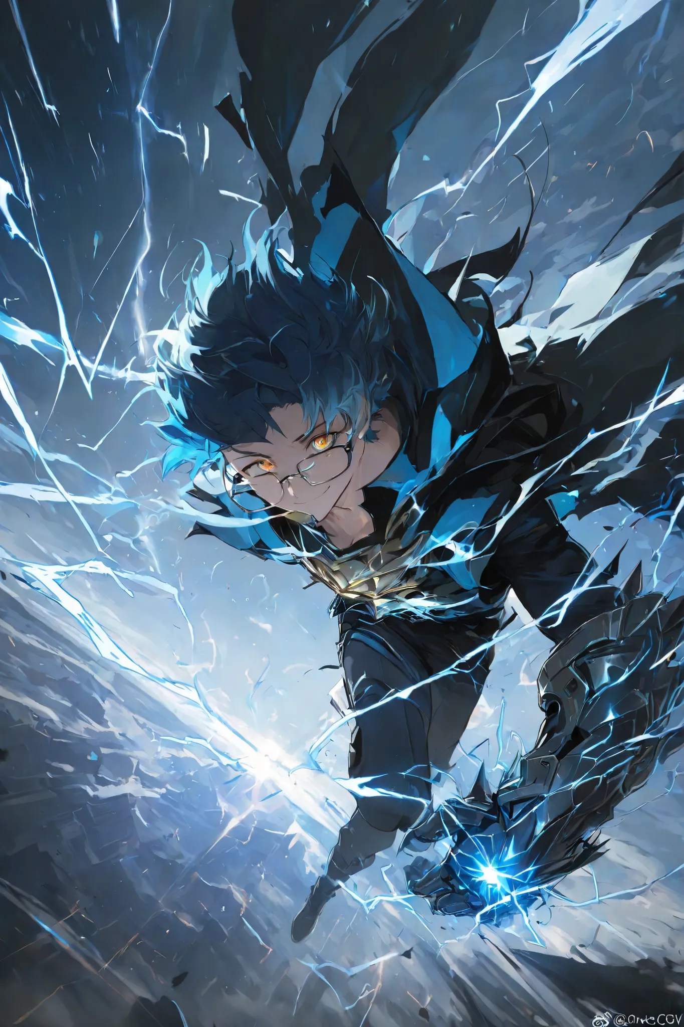 masterpiece, best quality,1 boy ,best quality,heroic pose,dynamic angle,dynamic sky background,with epic effect, high angle shot,like CCTV footage, outward flow of magic or particles,thunder is light blue,thunder waves expanding from a central point, fac...