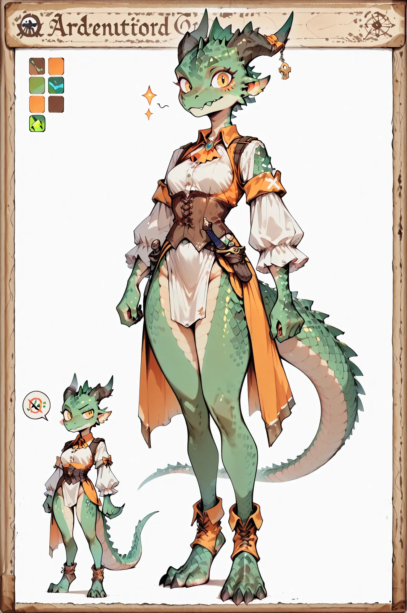 ( solo female, green skin, green scales, (((Kobold)), (detailed kobold)) small breasts , wearing a adventure equipament , a pirate clothes,  character design,
