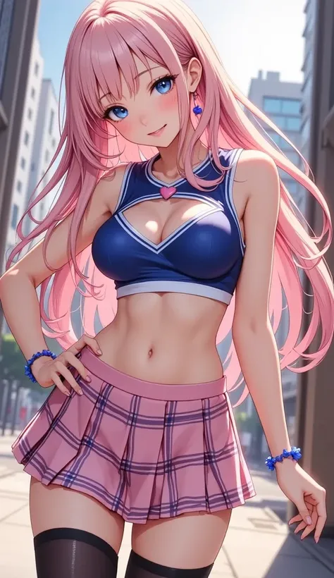  (masterpiece,  computer, mejor quality,  Clear focus, shadow, anime-style, ultra high resolution, 8K, perfect anatomy, perfect face, (detailed face), (  Detailed eye  ), score_9, score_8_above, score_7_above, score_6_above, score_5_above, score_4_above,  source _animated, Label 1, Label2, quality_masterpiece, Anatomically Correct, beautiful face, perfect face, Beautiful and highly detailed face and eyes, Attractive face, detailed face, delicate facial features, detailed skin, huge breasts, breast size cup D or DD, caderas anchas, gigantic butt, thick thighs. looking at the spectator. Anime-style illustration of a beautiful woman with an elegant and sensual look. An anime girl Beautiful anime girl with long, smooth pastel pink hair, large, bright blue eyes, fair skin with flushed cheeks and flirty and lively expression. She wears a modern cheerleading uniform composed of a fitted blue sleeveless blouse,  that highlights her large bust . The top has a heart-shaped cut on the chest. She also wears a pink plaid miniskirt with white lines and pompoms on both hands. her abdomen is bare, athletic figure with a toned belly and drops of sweat that reflect physical effort. She is slightly leaning forward with a friendly posture. She wears high black tights that contrast with her outfit. 