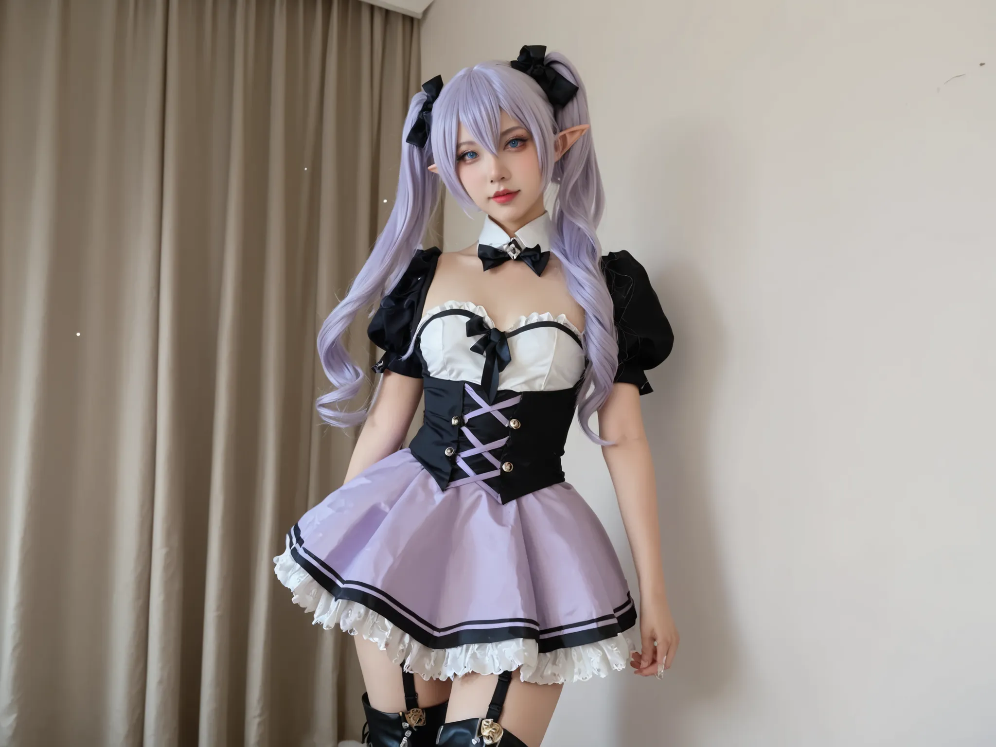 garota meiga, nagomis1_cnr, 1girl, light purple hair, hair between eyes, blue eyes, small breasts, long hair, twintails, elf girl, ela está totalmente pelada, mostrando as tetas e a buceta, seios pequenos, mamilos rosados, puffy sleeves, garter straps, bla...