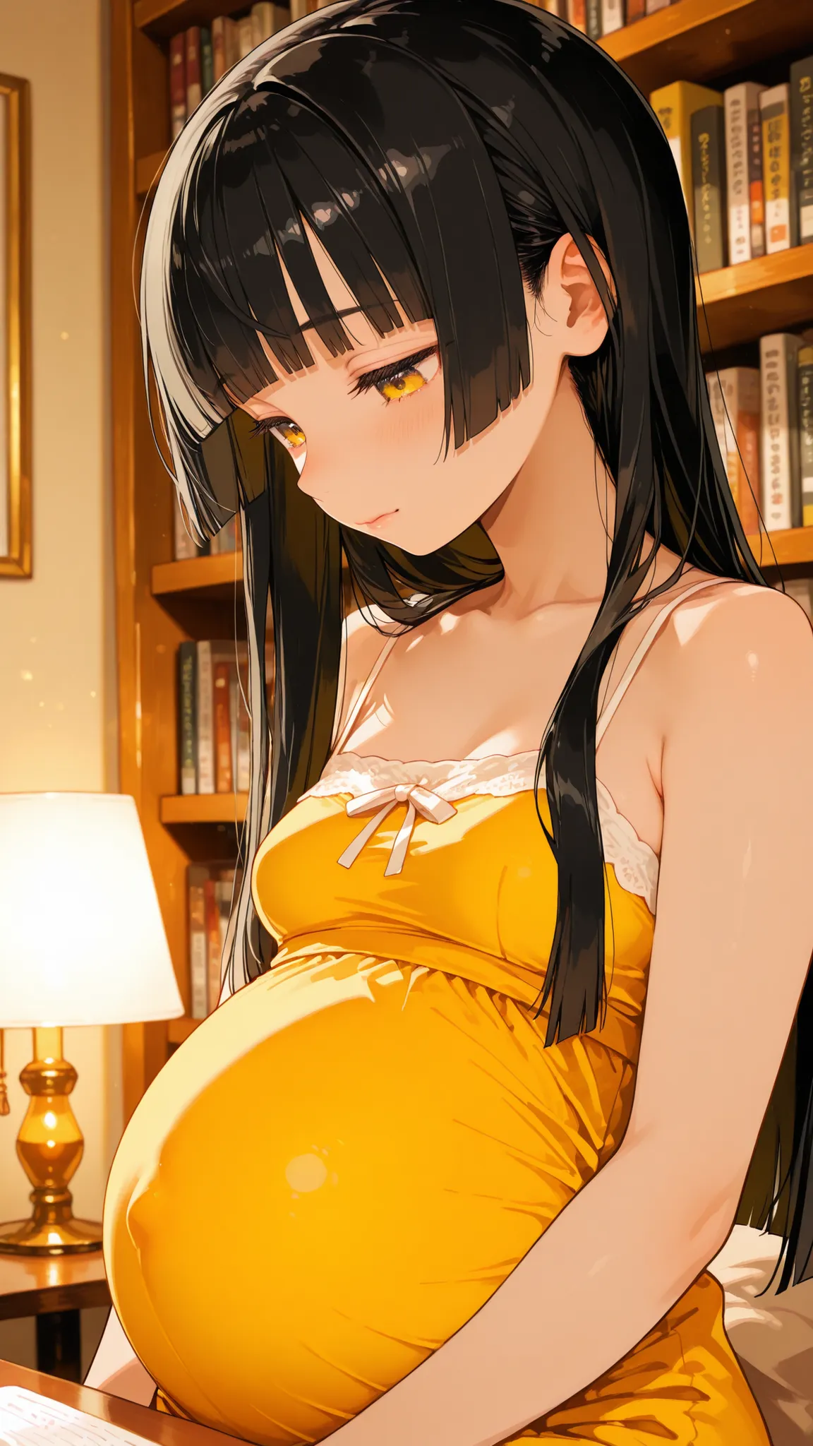 score_9, score_8_up , score_7_up , score_9,Score_9, Score_8_up , Score_7_up ,Realistic style, half-body portrait, young pregnant woman, long straight black hair with blunt bangs, looking down with soft gentle expression, light-colored soft spaghetti-strap ...