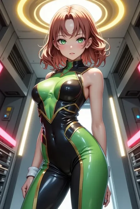  (masterpiece,  computer, mejor quality,  Clear focus, shadow, anime-style, ultra high resolution, 8K, perfect anatomy, perfect face, (detailed face), (  Detailed eye  ), score_9, score_8_above, score_7_above, score_6_above, score_5_above, score_4_above,  source _animated, Label 1, Label2, quality_masterpiece, Anatomically Correct, beautiful face, perfect face, Beautiful and highly detailed face and eyes, Attractive face, detailed face, delicate facial features, detailed skin, huge breasts, breast size cup D or DD, caderas anchas, gigantic butt, thick thighs. looking at the spectator. Anime-style illustration of a beautiful woman with an elegant and sensual look. A young woman looking like an anime heroine, with short reddish brown hair, with a green futuristic headband with gold details. She has intense green eyes and a serious and determined expression. She wears a tight technological style suit, in black and bright green colors, with gold and white details on her arms. The suit has a modern design with a side slit at the waist and a dynamic pattern that highlights your athletic figure. She is in a technological environment, possibly a futuristic spaceship or laboratory, with neon lights and panels on the sides. A light bright circular on the ceiling creates a halo behind your head, giving her an imposing and heroic appearance. Anime art style detailed detailing and vibrant colors.