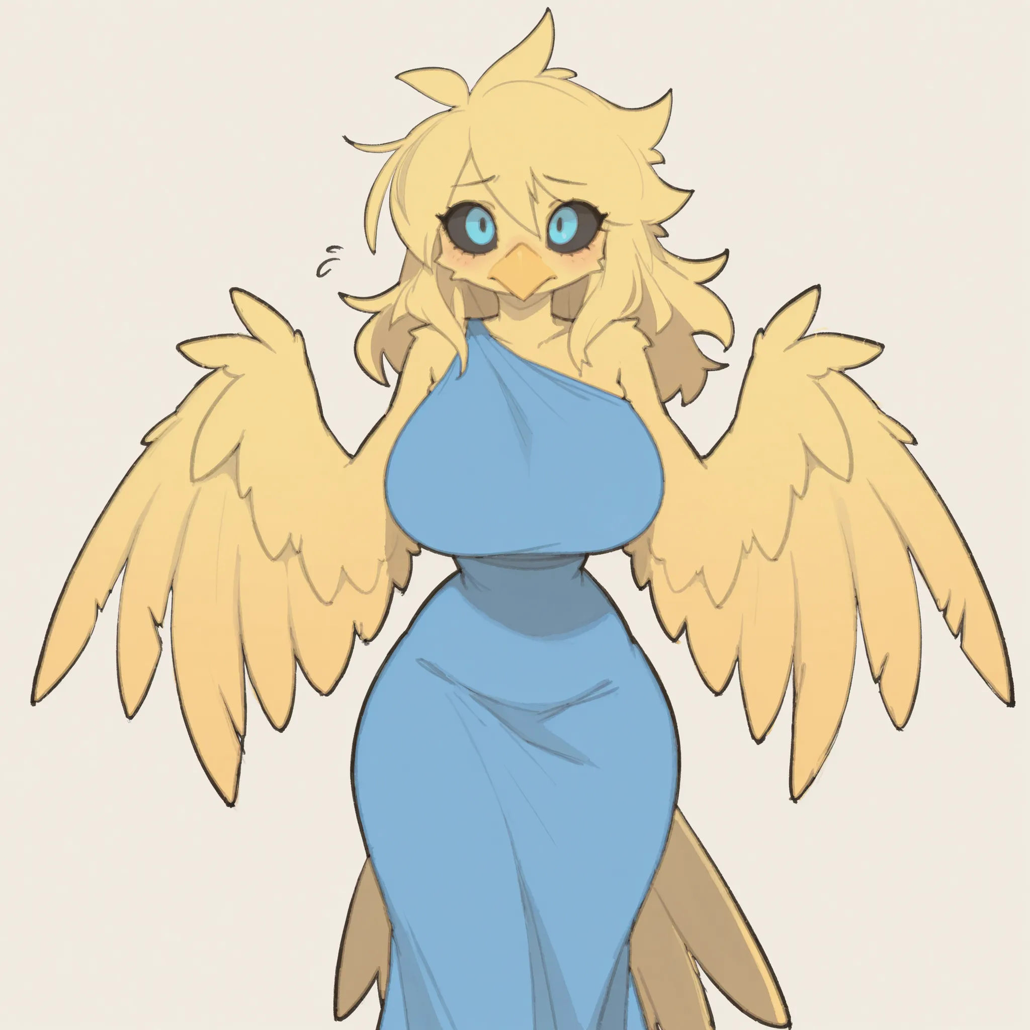 masterpiece, ultra-HD, impressionism, high detail, best quality, very aesthetic, 8k, best quality, beautiful, tmchng, 1girl, solo, anthro furry, canary, yellow feathers, long blonde hair, black sclera, blue eyes, bird wings, winged arms, wings instead of a...