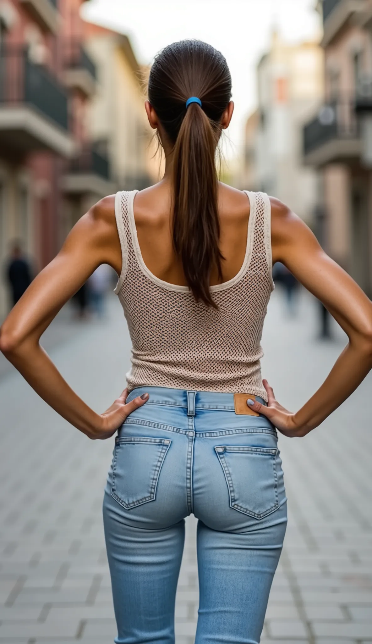 m4tur3w0m4n, mature woman, middle-aged,photorealistic, ultra high resolution, extreme detail, full-body shot (rear view), mature European woman, age ~50s, aged and tanned skin with visible texture, standing confidently on a sidewalk, ((facing away from cam...