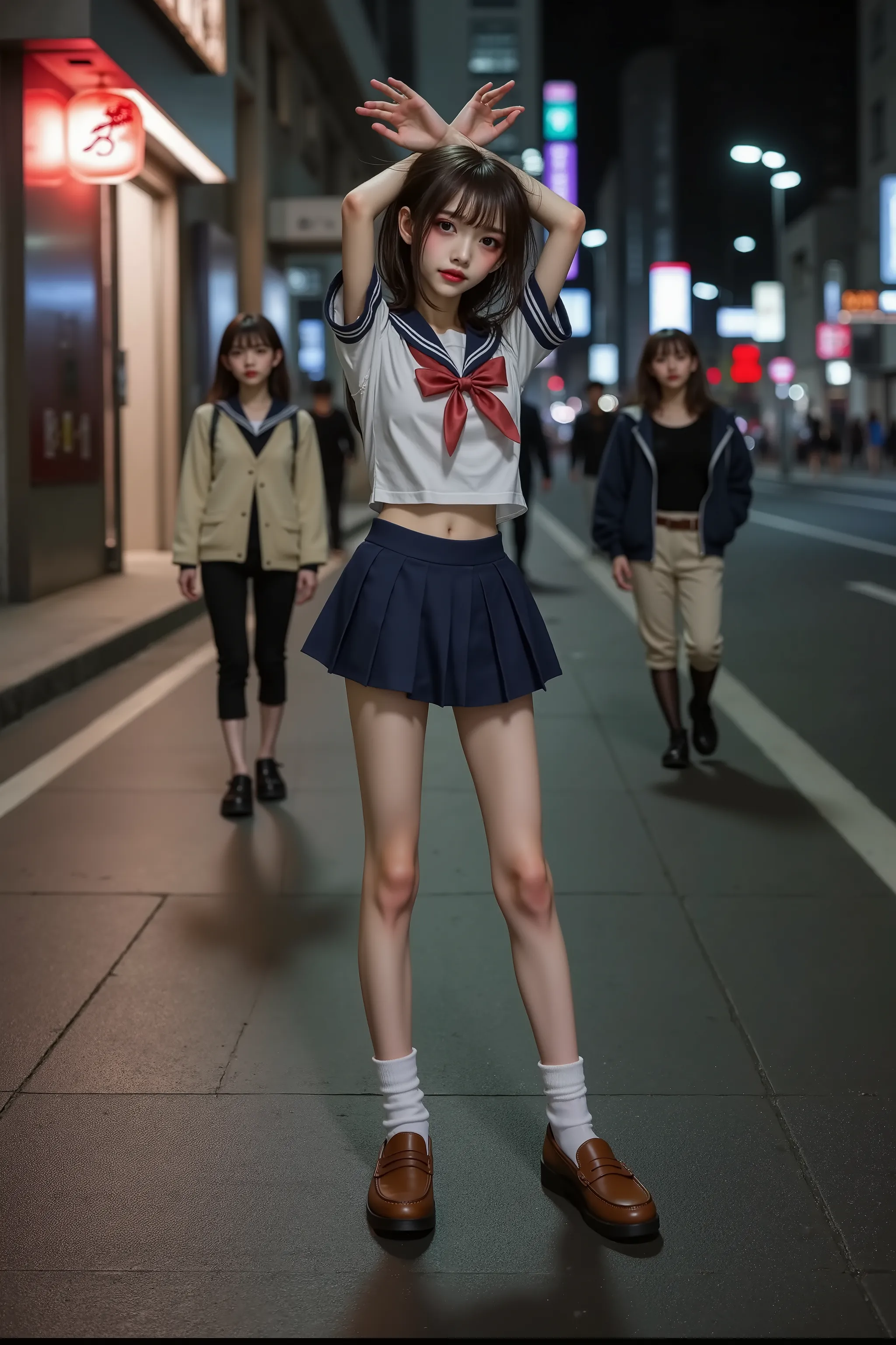 女の子,可愛い,Slender young woman,girl,gal,anorexic,Neo Urban Doll,(long legs:1.6), (from front), (she is looking at the Viewer), (A strong light shines on her, darkening everything else), (full body shot), (shot from a low position), (from below), (wide-angle l...