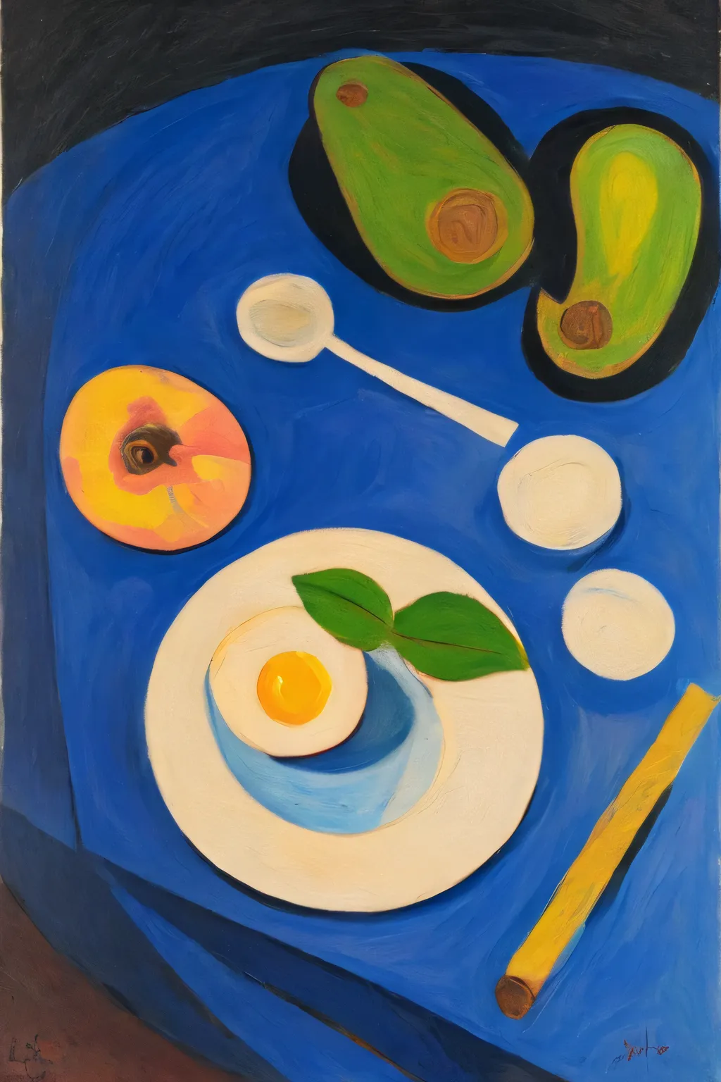 Abstract artwork painting, picasso style, expresionism, drawing style, minimalistic, muted colors, artistic composition, still life, peach, apples, newspaper, plate, vasel, fried eggs, on table, view from above, avocado