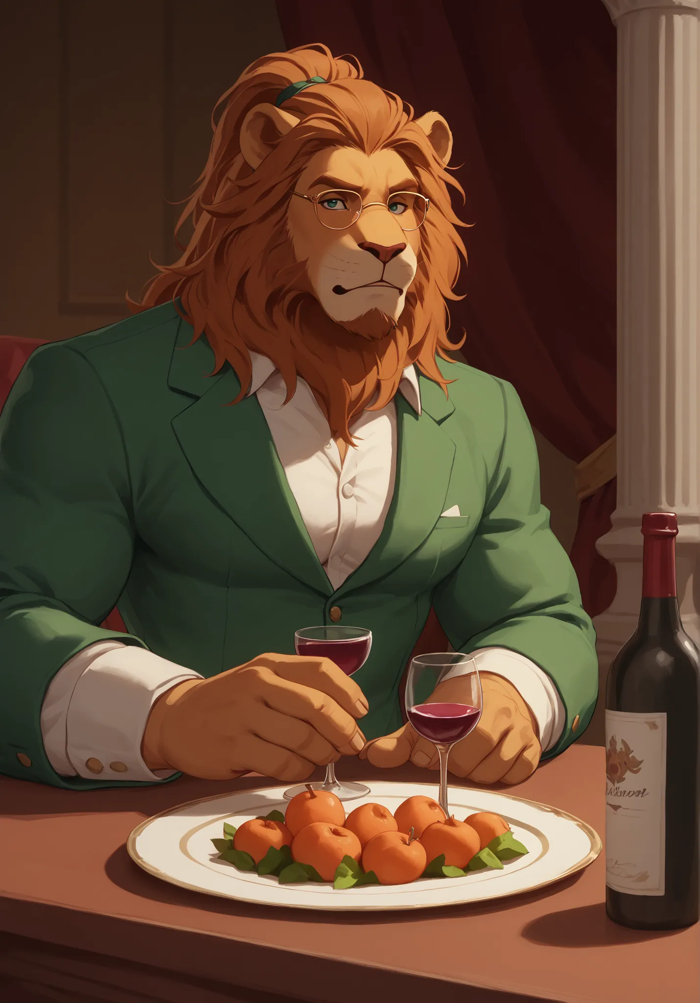 Cornelius hosts an amazing dinner party with a huge fancy spread fit for a king.  Glorious beautiful dishes adorn the long fancy table presented to a dining hall filled with fancy dressed Eorzean people of various races.  BREAK, 1boy, Cornelius the Horthga...