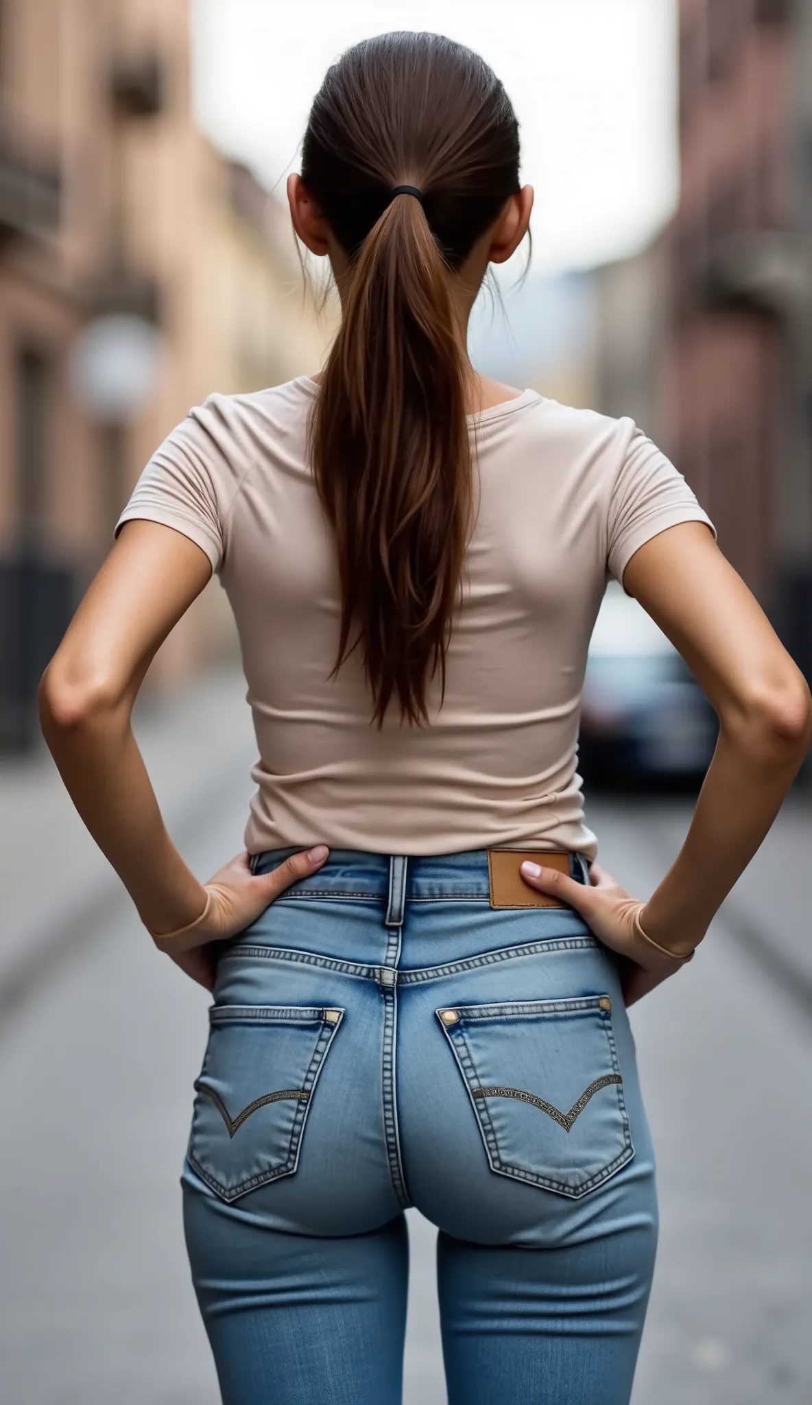 m4tur3w0m4n, mature woman, middle-aged,photorealistic, ultra high resolution, extreme detail, full-body shot ((true rear view)), mature European woman in her 50s, aged and sun-kissed skin with natural texture and fine lines, standing tall and assertive on ...
