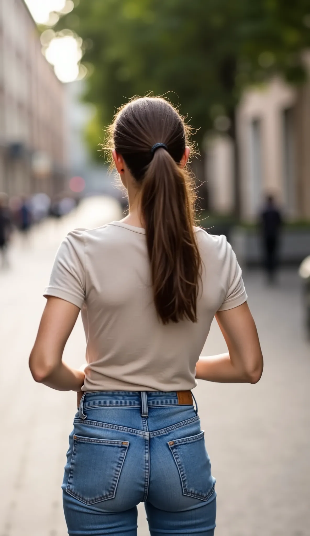 m4tur3w0m4n, mature woman, middle-aged,photorealistic, ultra high resolution, extreme detail, full-body shot ((true rear view)), mature European woman in her 50s, aged and sun-kissed skin with natural texture and fine lines, standing tall and assertive on ...