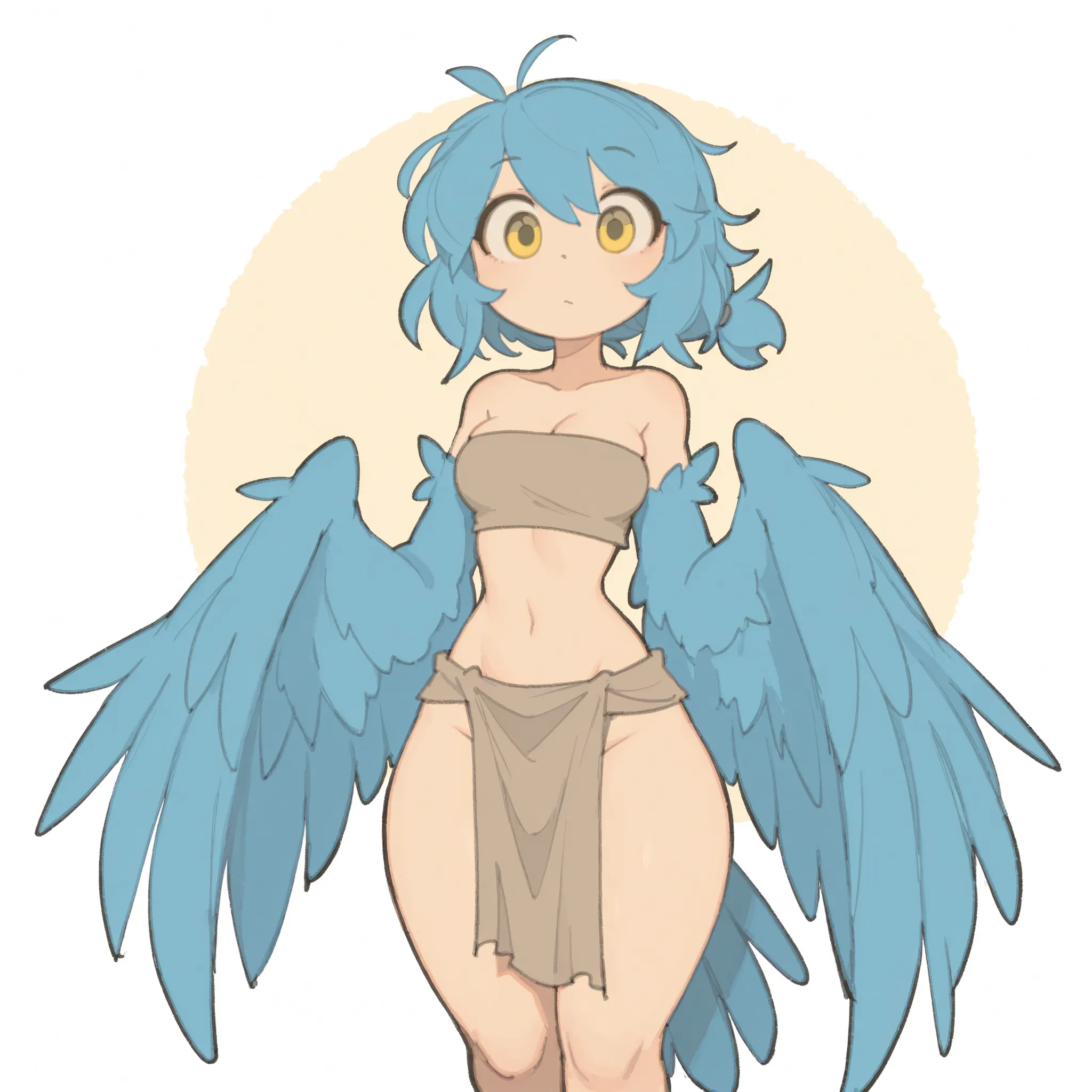 masterpiece, ultra-HD, impressionism, high detail, best quality, very aesthetic, 8k, best quality, beautiful, tmchng, 1girl, solo, harpy, blue feathers, short messy blue hair, yellow eyes, bird wings, winged arms, wings instead of arms, bird tail, feathers...
