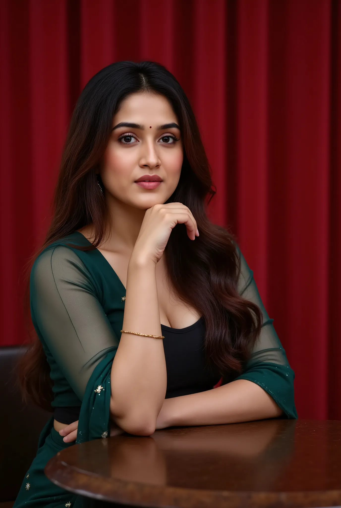 A stunning Indian woman sitting gracefully at a round table, wearing a sheer dark green robe over a black blouse. Her posture is confident, with one hand gently touching her chin. The background has deep red curtains that create a warm and elegant ambiance...