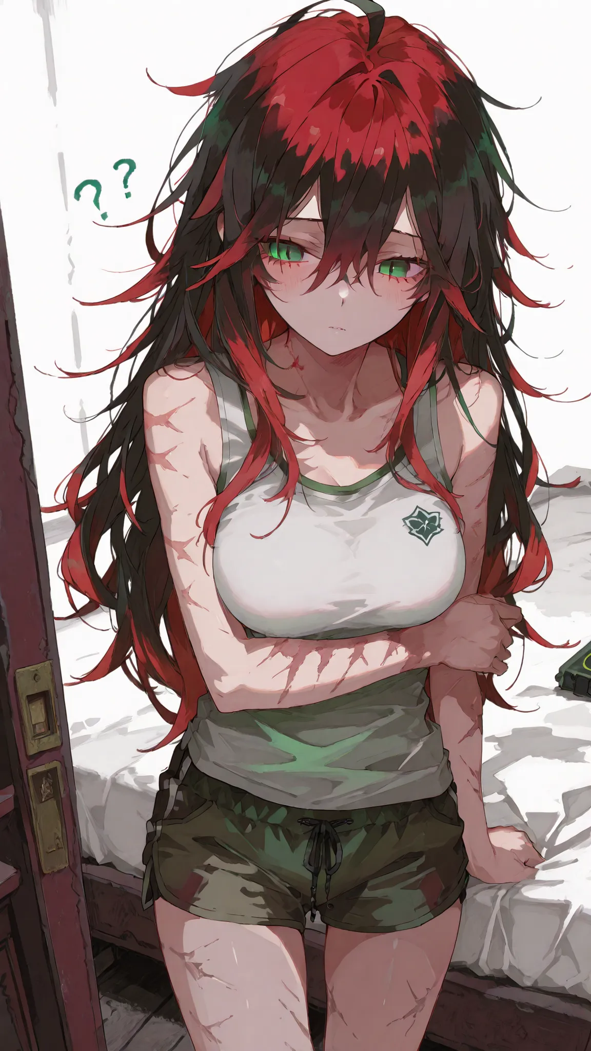 girl,in green eyes, ahoge, tomboy,long hair, messy hair , Black hair, faded hair red hair , dark edges,,Big Breasts,slim,white,Sharp eyes,Pointed eyes ,shy, shy,Scars all over the body.,Slim legs,white,shorts,standing, tank top,Confused,in the bedroom