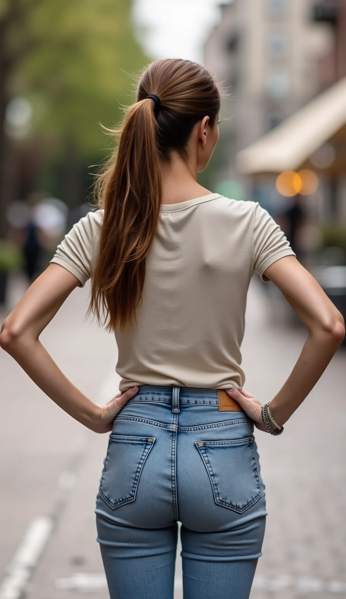 m4tur3w0m4n, mature woman, middle-aged,photorealistic, ultra high resolution, extreme detail, full-body shot ((true rear view)), mature European woman in her 50s, aged and sun-kissed skin with natural texture and fine lines, standing tall and assertive on ...