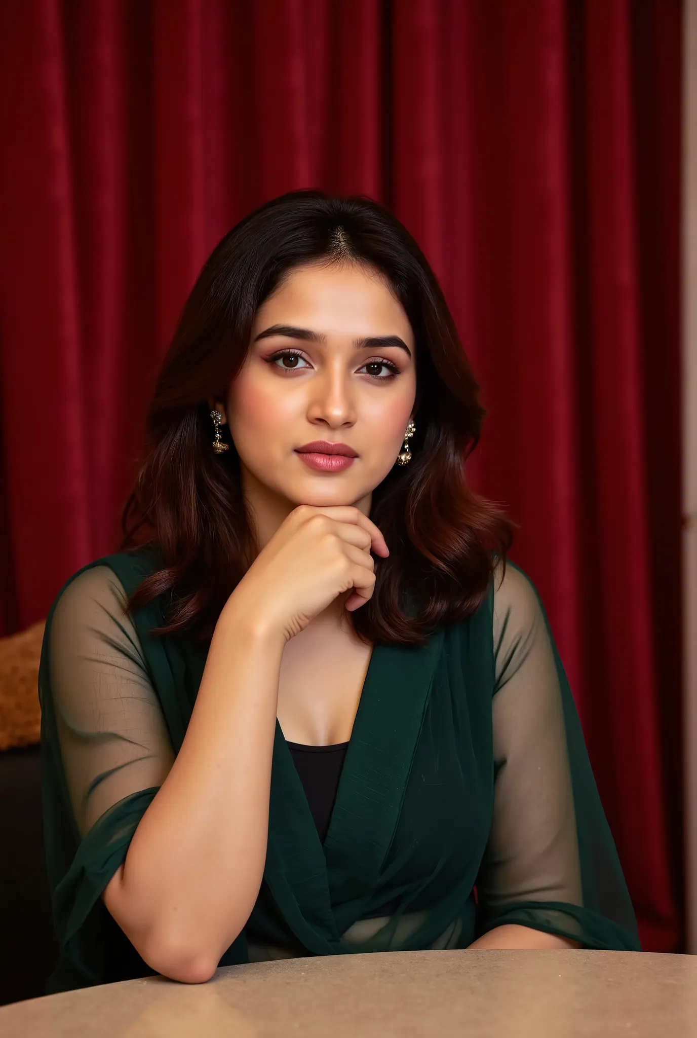 A stunning Indian woman sitting gracefully at a round table, wearing a sheer dark green robe over a black blouse. Her posture is confident, with one hand gently touching her chin. The background has deep red curtains that create a warm and elegant ambiance...