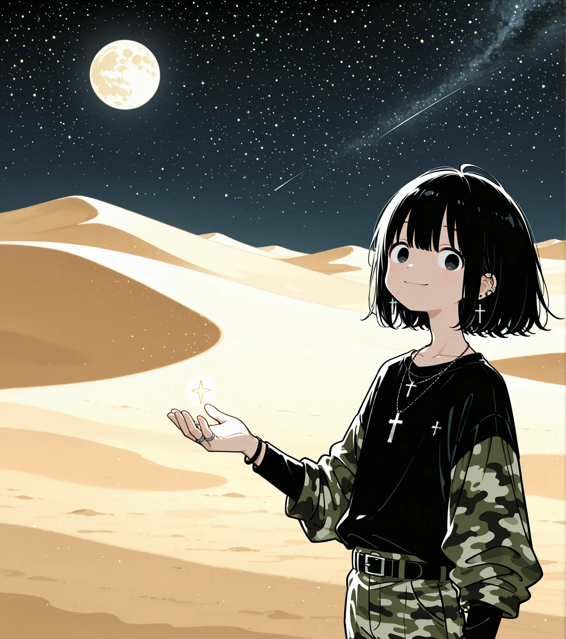 jewelry, 1boy, male_focus, necklace, solo, smile, ring, black_eyes, black_hair, pants, cross_necklace, shirt, cross, black_shirt, white_background, looking_at_viewer, short_hair, long_sleeves, belt, camouflage, moon, star_(sky), sky, desert, scenery, night...