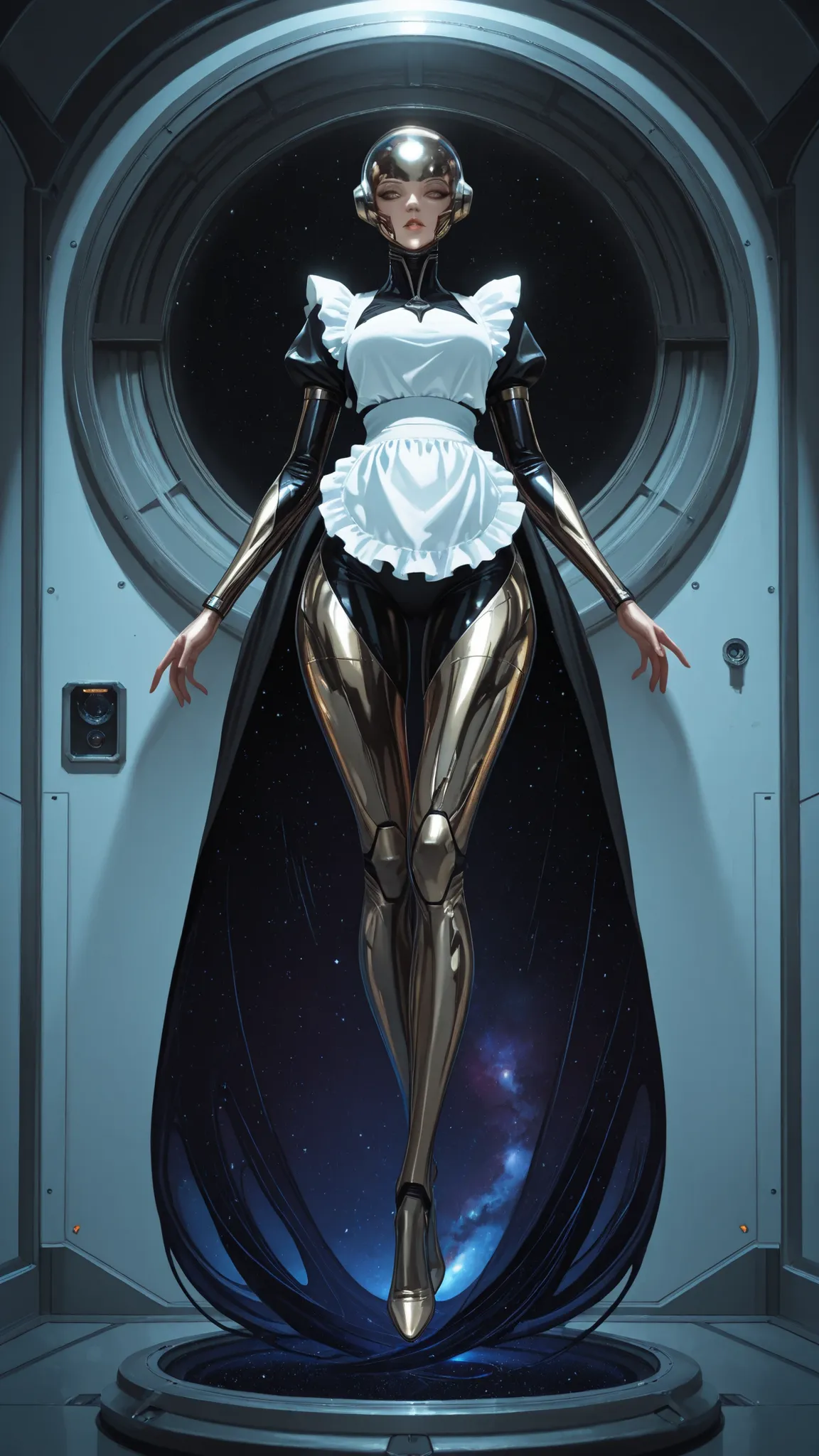 alien humanoid,masterpiece quality, ethereal space scene, exotic alien female, graceful proportions, long elegant arms and legs, sophisticated facial structure, metallic skin tone, form-fitting astronaut suit, decorative maid apron, zero-gravity movement, ...