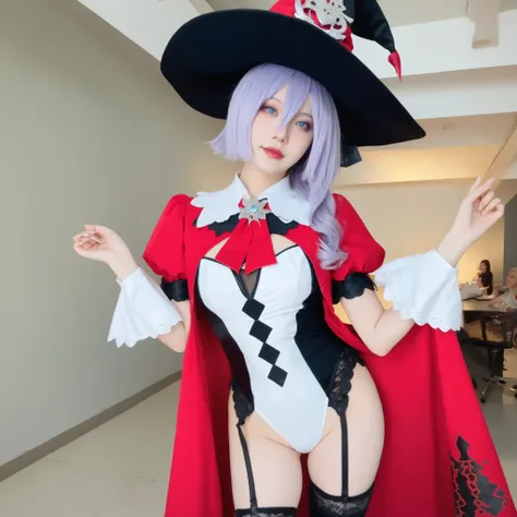 nagomis1_cnr, 1girl, light purple hair, hair between eyes, blue eyes, small breasts, witch hat, red dress, white dress, two-tone dress,white leotard, puffy sleeves, garter straps, black thighhighs, thigh boots, ela está de pé olhando de forma meiga, ela es...