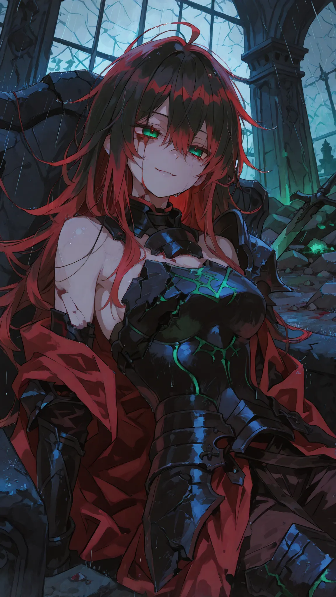 girl,in green eyes, black hair,ahoge, tomboy,long hair, messy hair , Black hair, faded hair red hair , dark edges,,Big Breasts,slim,white,Sharp eyes,Pointed eyes ,white,Seating ,In war,Black Knight Armor,Bloodshed,Small pupil ,Hopeless,Black Armor,Knight p...