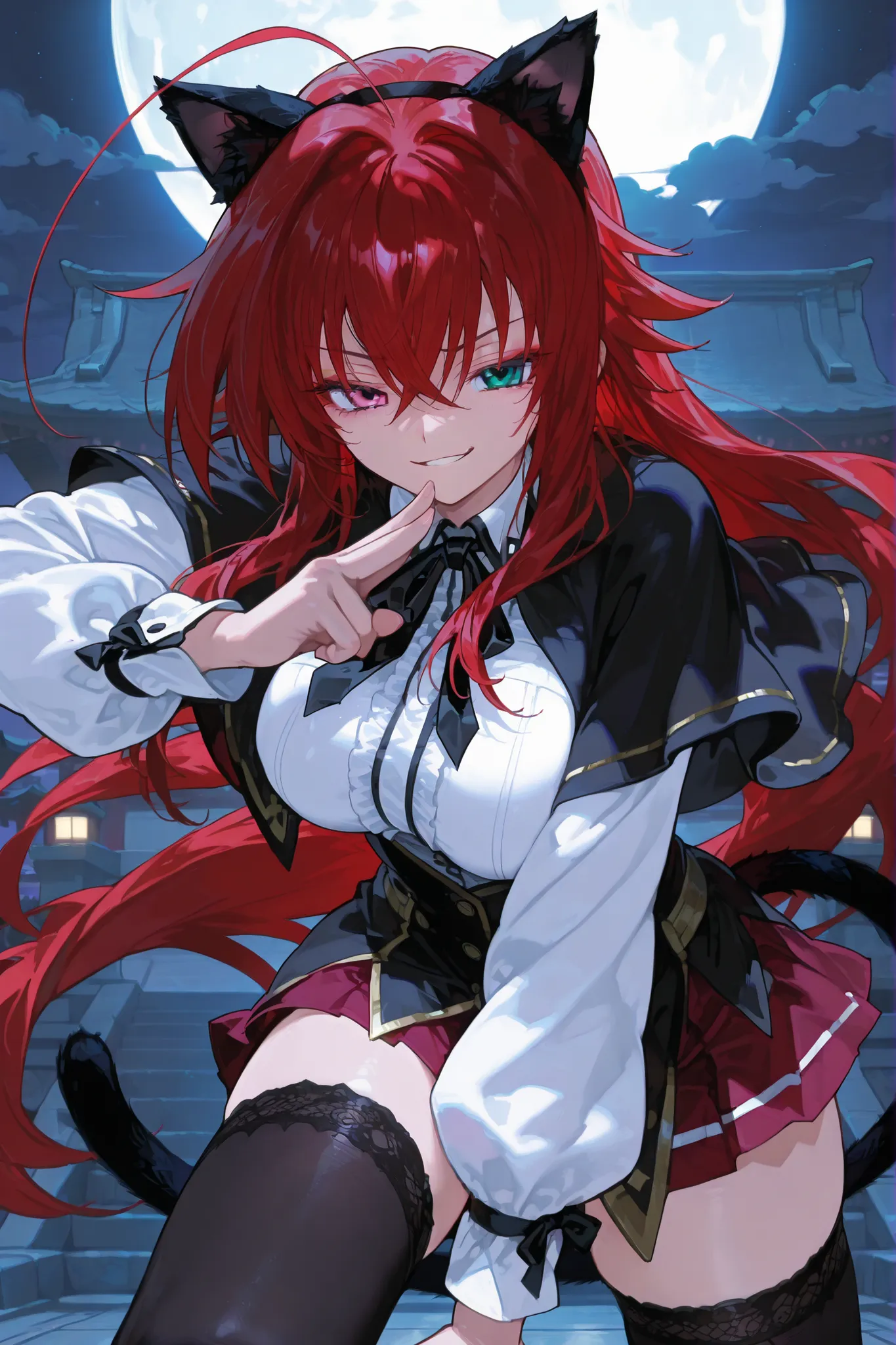 rias gremory, huge ahoge, long hair, hair between eyes, green eyes, red hair,,shirt, ribbon, school uniform, white shirt, black ribbon, neck ribbon, capelet, black capelet, long sleeves, skirt, red skirt,, black thighhighs,cat ears, cat tail,hmrnhr, ,smirk...
