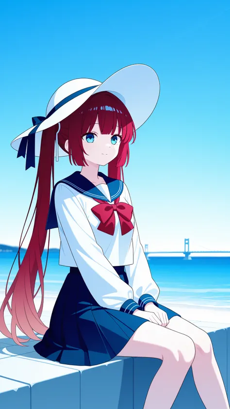 score_9, score_8_up , score_7_up , score_9,Score_9, Score_8_up , Score_7_up ,Anime style illustration, centered composition, twin-tails hairstyle (left blue & right red hair ties), navy blue sailor uniform, white triangular collar, red bow tie, dark blue m...