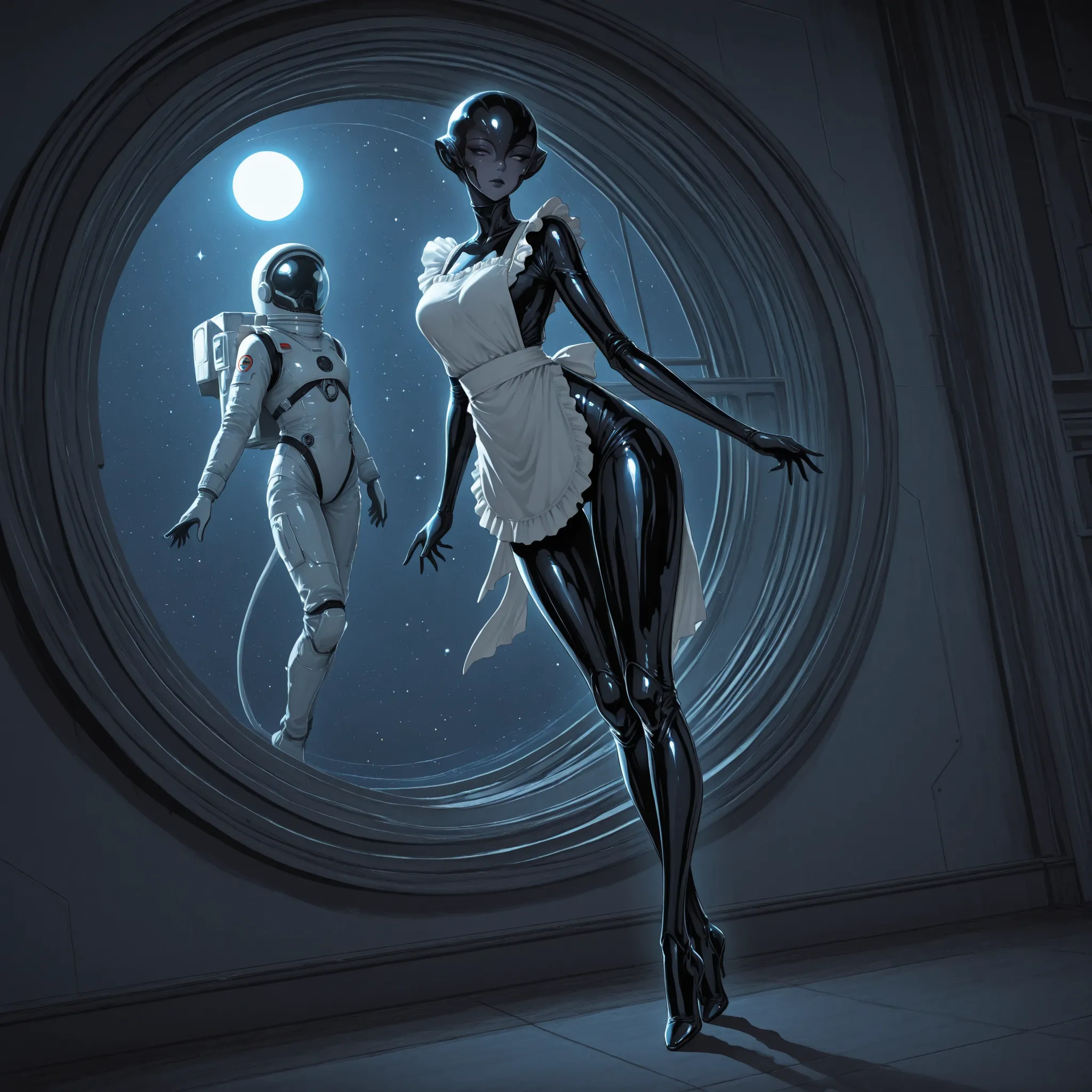monroesweet,alien humanoid,masterpiece quality, ethereal space scene, exotic alien female, graceful proportions, long elegant arms and legs, sophisticated facial structure, metallic skin tone, form-fitting astronaut suit, decorative maid apron, zero-gravit...