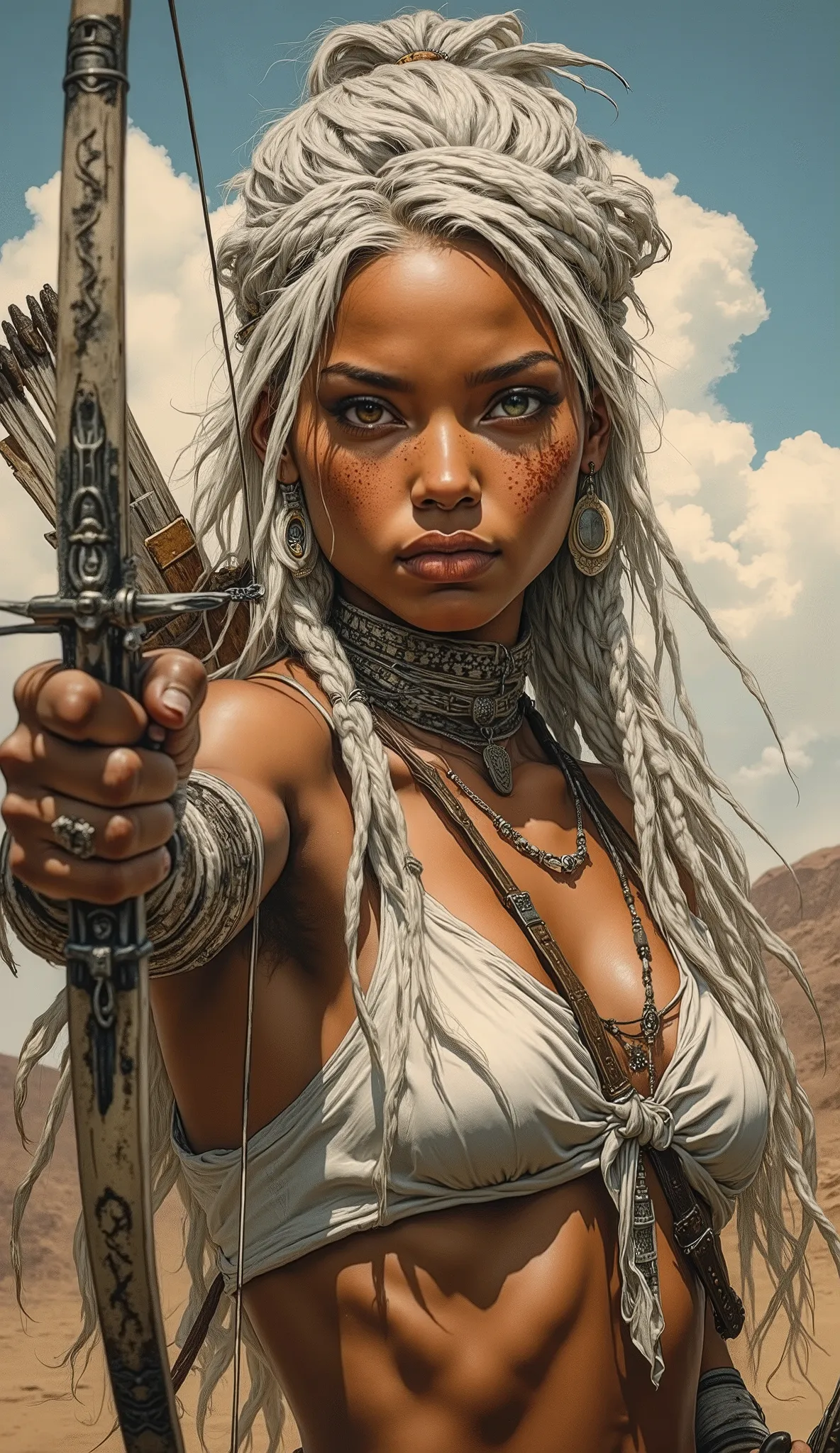 Score_9, score_8_up, score_7_up, ((highest quality)), ((masterpiece)), (be familiar with), Perfect Face, (High definition), (Best Shadow), 8k, cinematic, detailed portrait of a female Apache warrior, hyper realistic, beautiful facial features, striking exp...