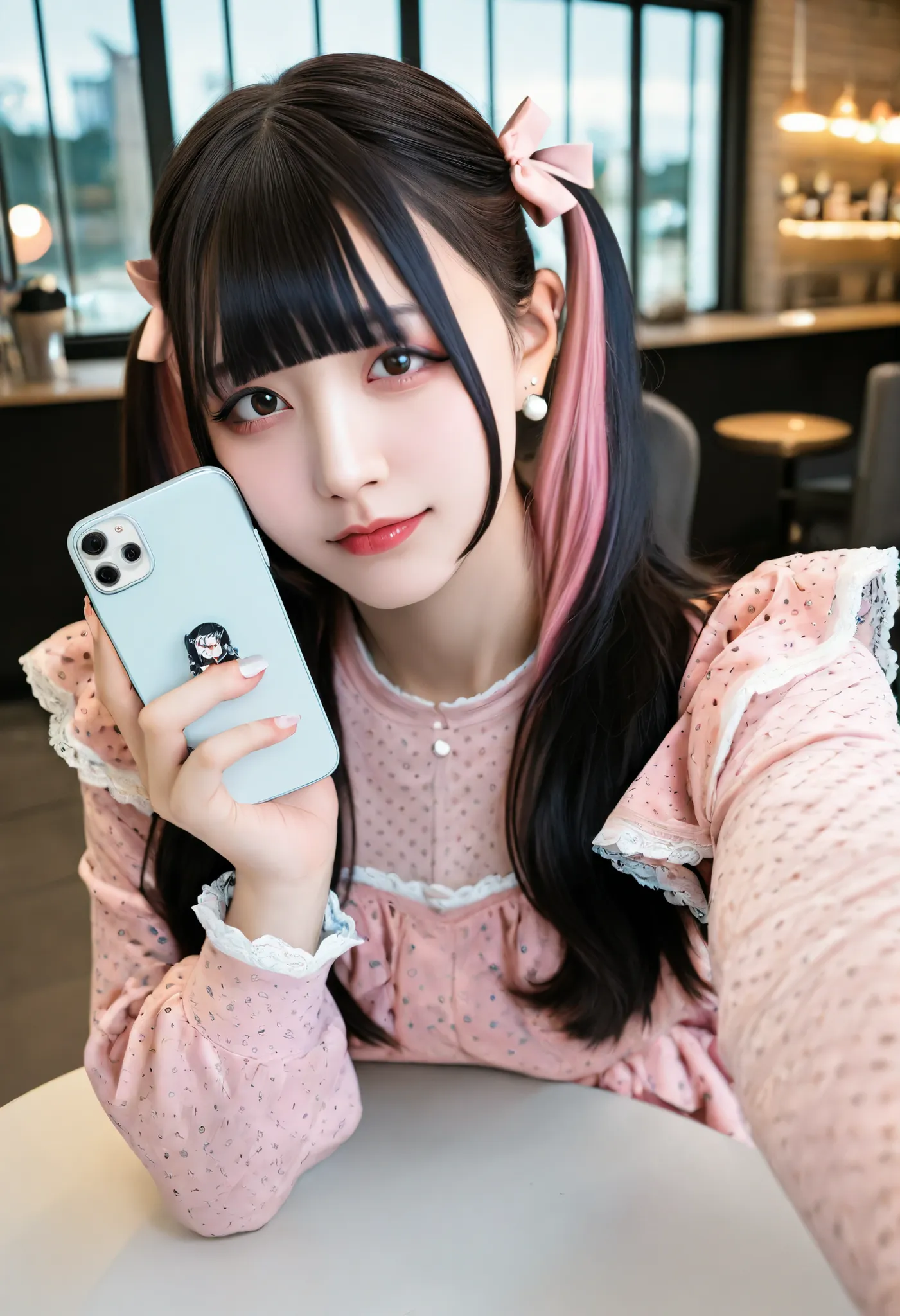 pov across mesa, 
jirai kei, rosto jiraikei, Fotografia,uma mulher,(aegyo sal, tareme),only, rabo-de-gato,cabelo longo, looking at the viewer,joias, brincos, franja, olhos, cabelo preto,mangas compridas, cabelo rosa, camisa, white camisa, blunt franja, upp...