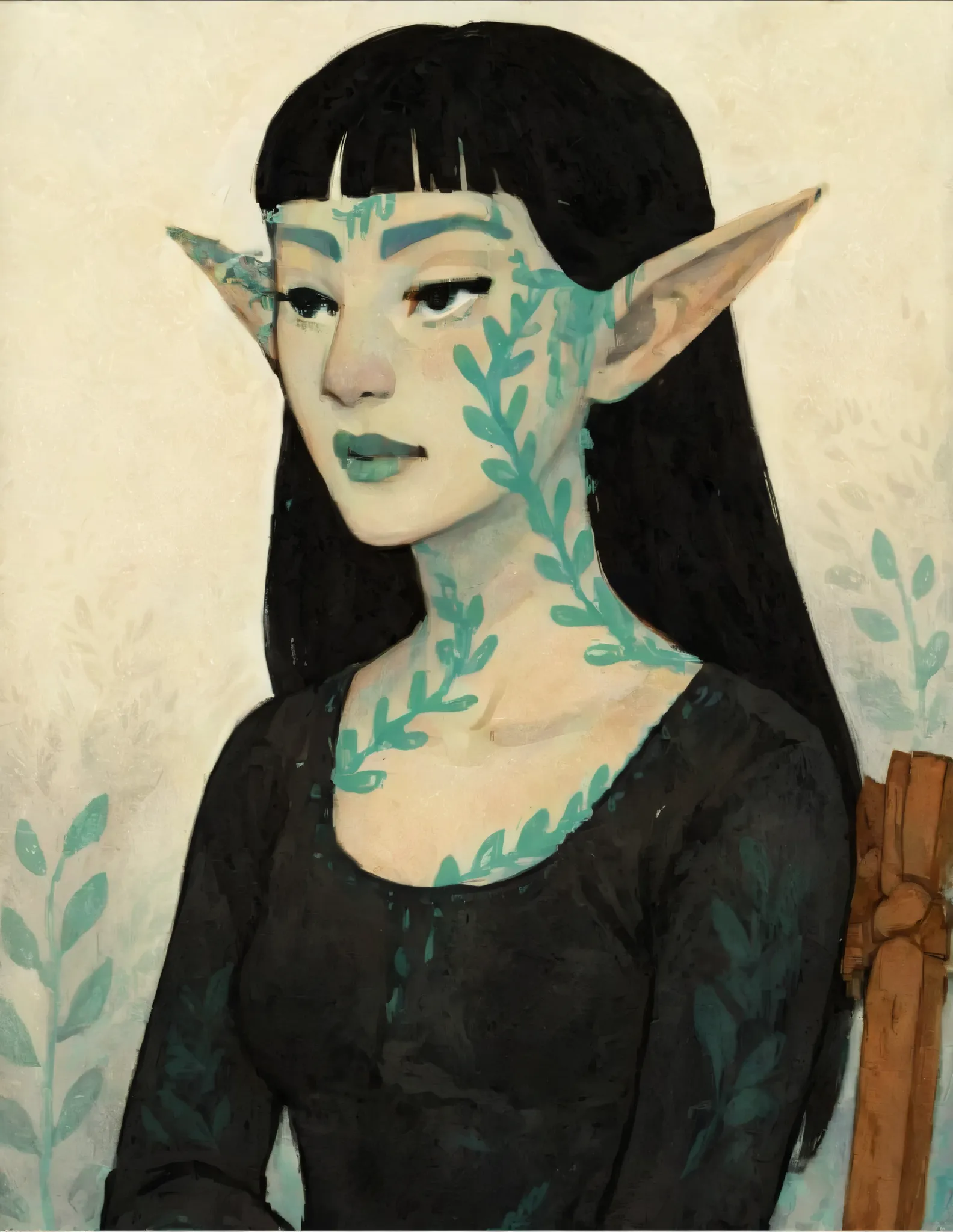 2D ART, hyper detailed gouache painting, illustration, gougoupaintleaves style, portrait of a man, 1boy, solo, long_hair, braided brown hair, high_ponytail_hairstyle, male_drow:1.5, dark elf, black eyes, black_sclera, detailed face, handsome features, dark...