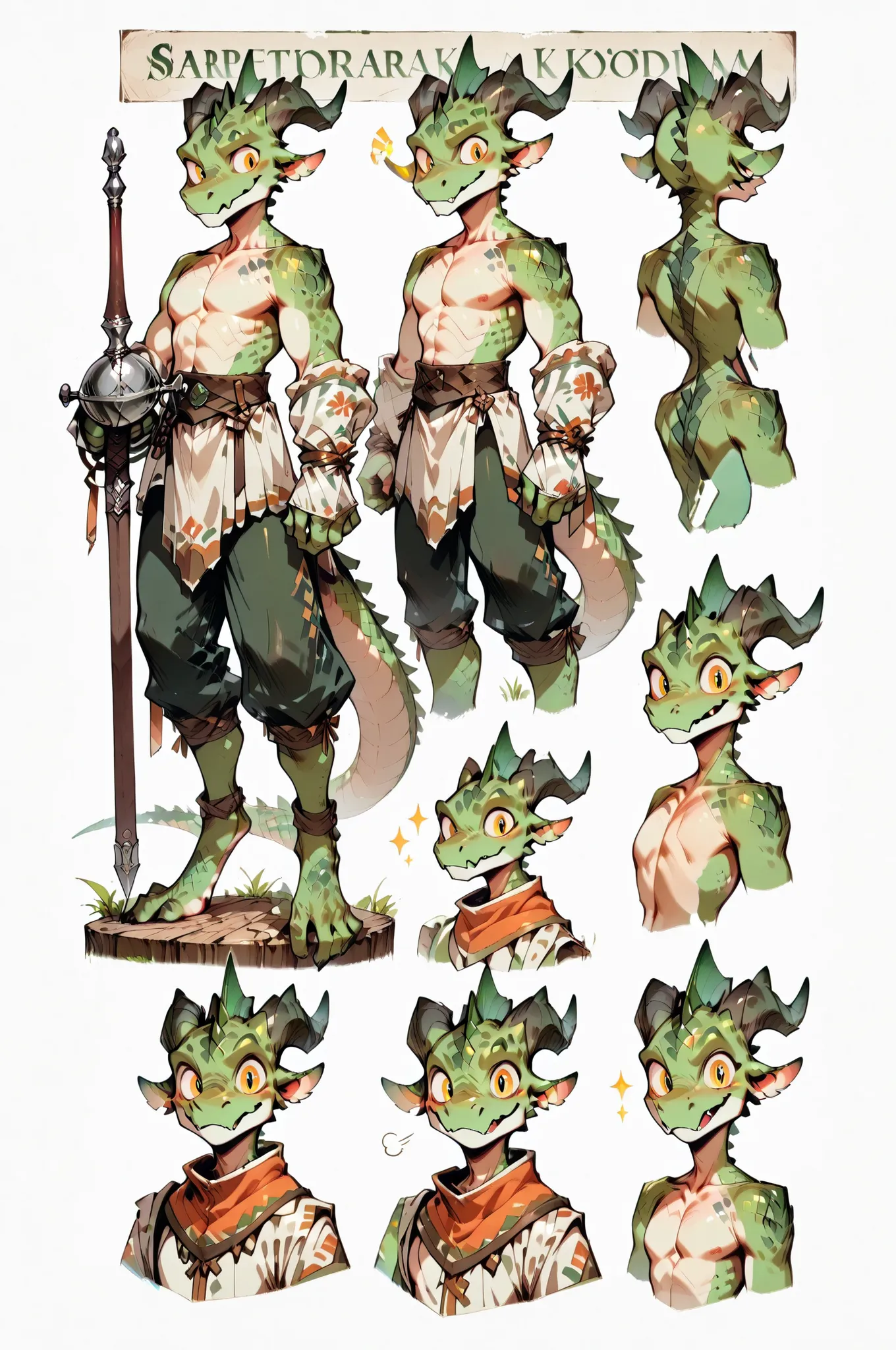 ( solo male, green skin, green scales, (((Kobold)), (detailed kobold)) wearing a adventure equipament, bard clothes, topless ,character design, a rapier in his hands