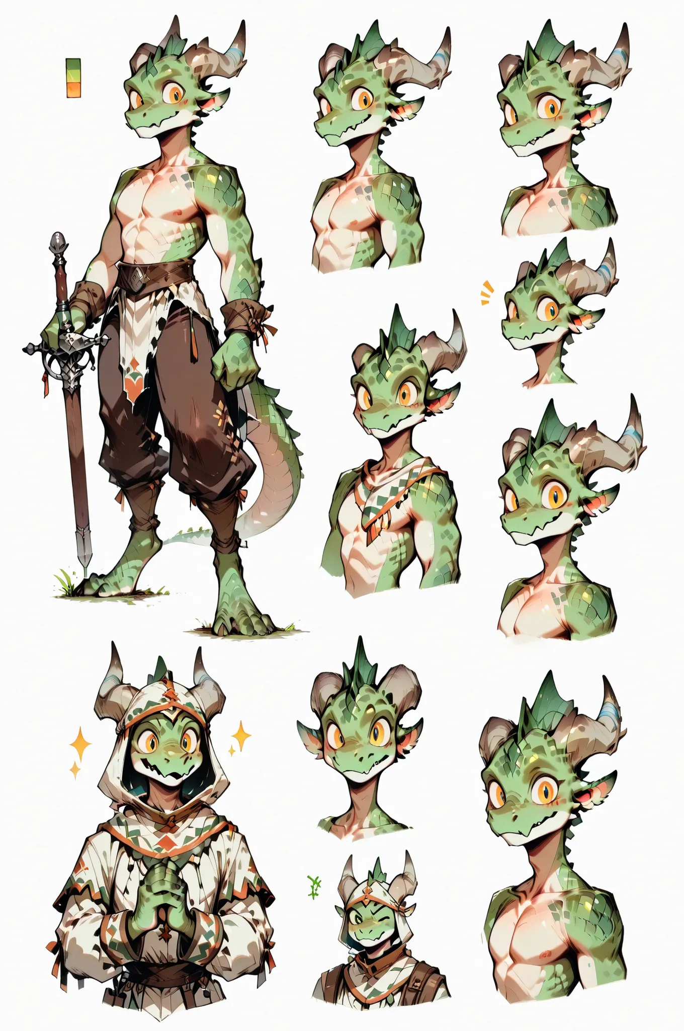 ( solo male, green skin, green scales, (((Kobold)), (detailed kobold)) wearing a adventure equipament, bard clothes, topless ,character design, a rapier in his hands