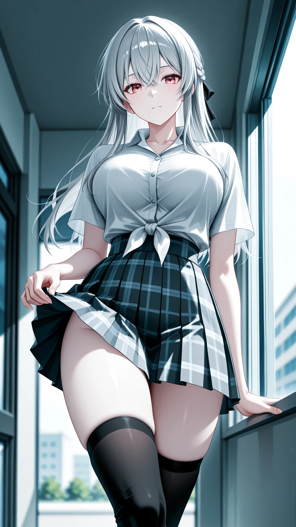 score_9, score_8_up , score_7_up , score_9,Score_9, Score_8_up , Score_7_up ,Anime-style lower body composition, crossed legs lifted toward viewer, matte black over-knee socks with slightly rolled top edge revealing pale luminous skin, pleated gray checker...