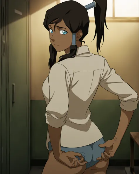score_9, score_8_up, score_7_up, best quality, detailed face, detailed background, maximum detail, beautiful face, beautiful eyes, very aesthetic, absurdres, perfect lighting, nsfw, 1female, korra-v2, dark skinned, Ponytail, anime coloring, lockerroom, put...