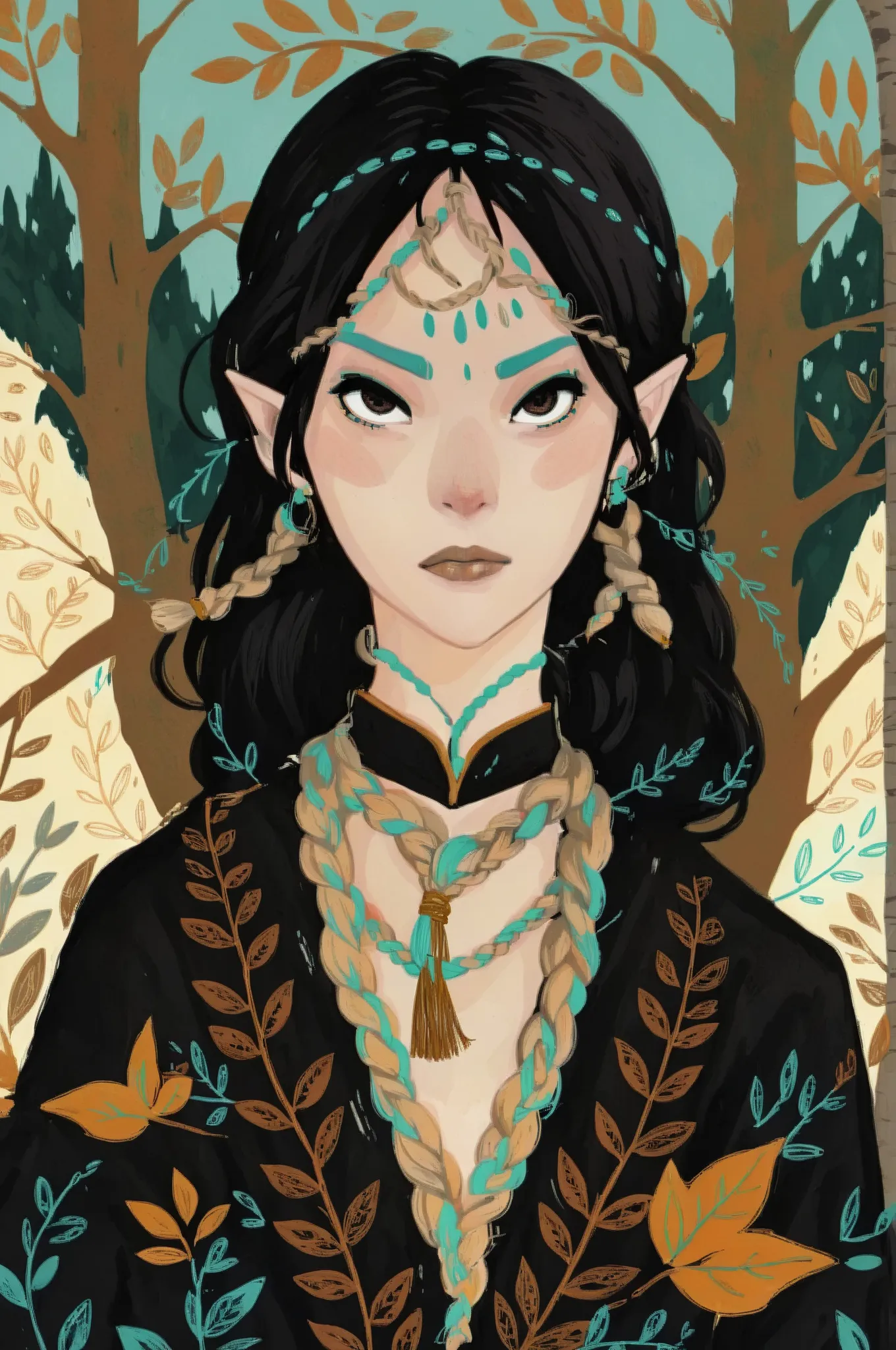 2D ART, hyper detailed gouache painting, illustration, gougoupaintleaves style, portrait of a man, 1boy, solo, long_hair, braided brown hair, high_ponytail_hairstyle, male_drow:1.5, dark elf, black eyes, black_sclera, detailed face, handsome features, dark...