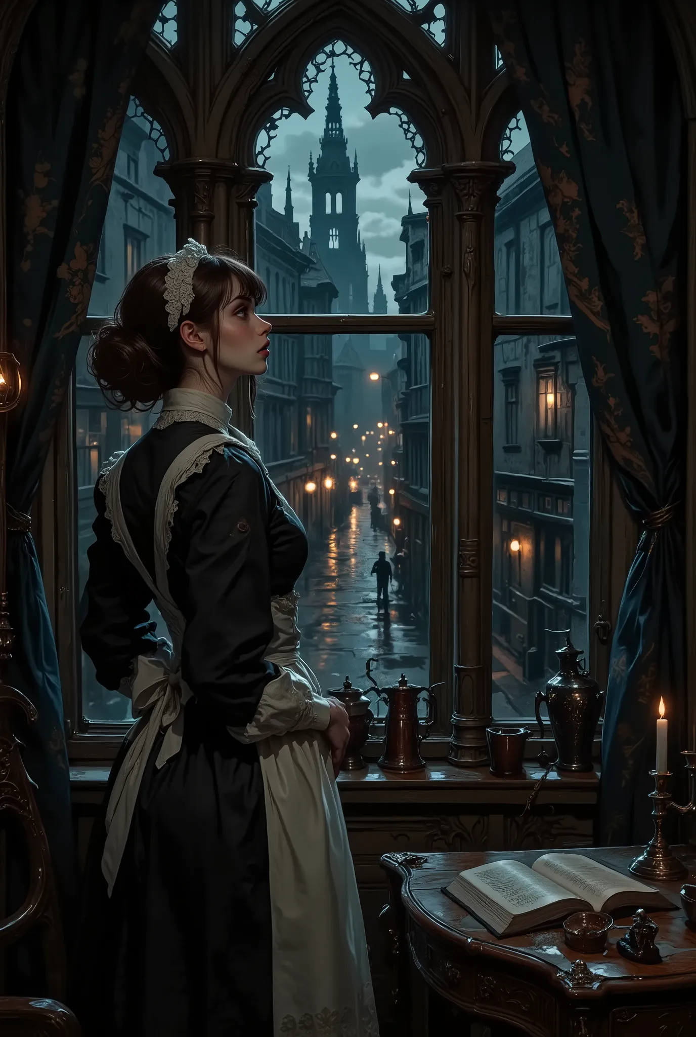 A maid in the semi-darkness of a Gothic mansion, frozen in profile at a high lancet window. Her slender figure is dressed in a modest but neat black dress with a white lace apron and cuffs, slightly worn from work. The wind, penetrating through the cracks ...