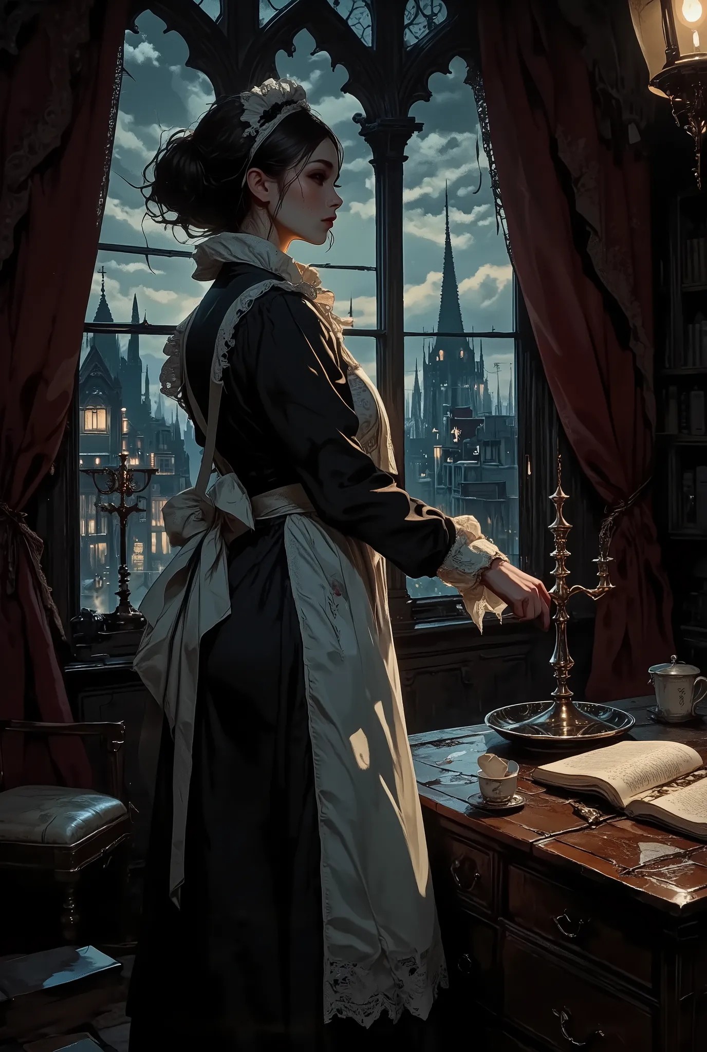 A maid in the semi-darkness of a Gothic mansion, frozen in profile at a high lancet window. Her slender figure is dressed in a modest but neat black dress with a white lace apron and cuffs, slightly worn from work. The wind, penetrating through the cracks ...