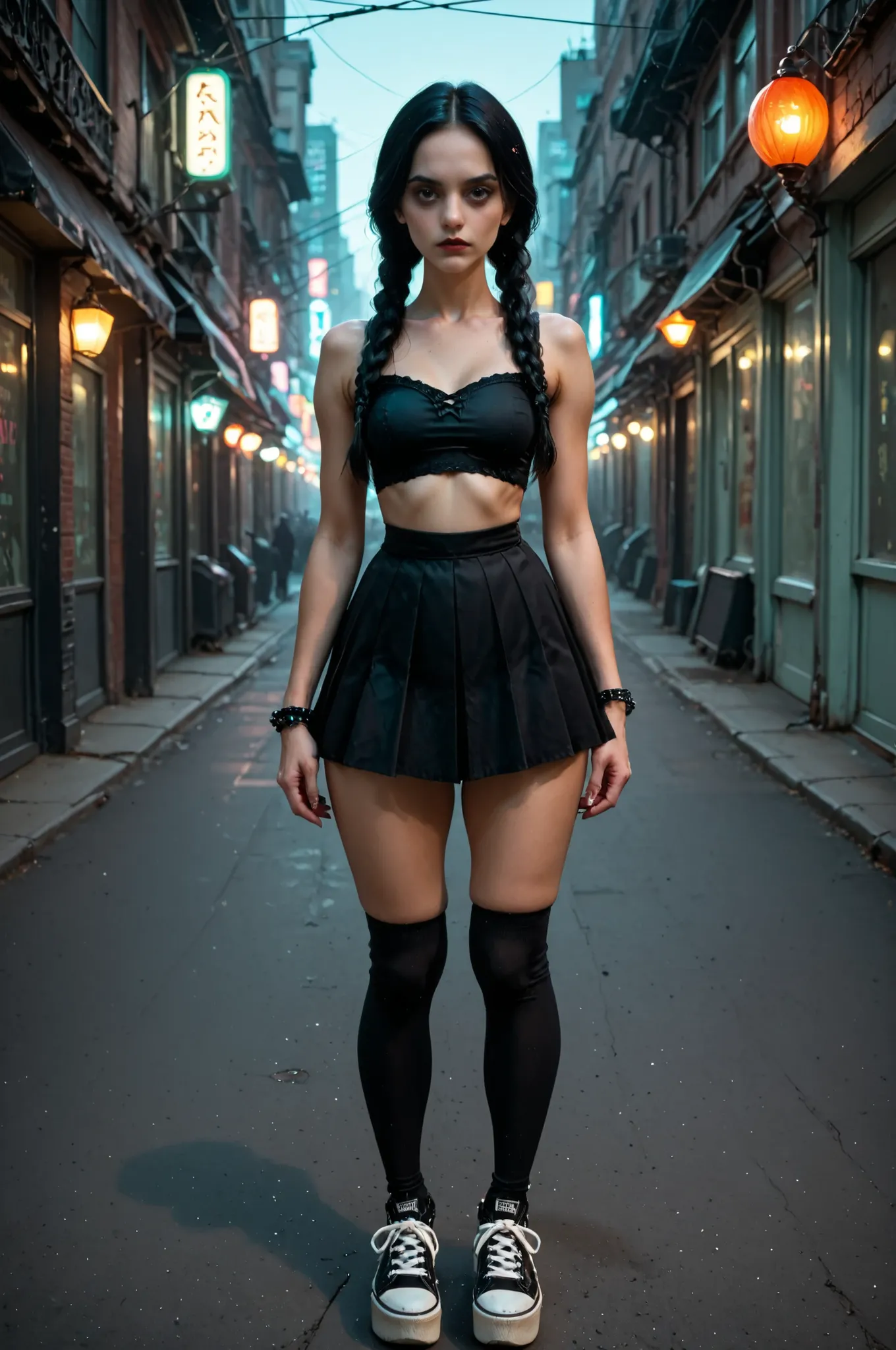 1girl, Wednesday addams \(The addams family\),(ultra HD quality details), Neon outlines, pastel colours,score_9, score_8_up, score_7_up, source_anime, 16k, masterpiece, AniPnyXLQual style, mature cyberpunk model, tall graceful figure, athletic build, neon-...