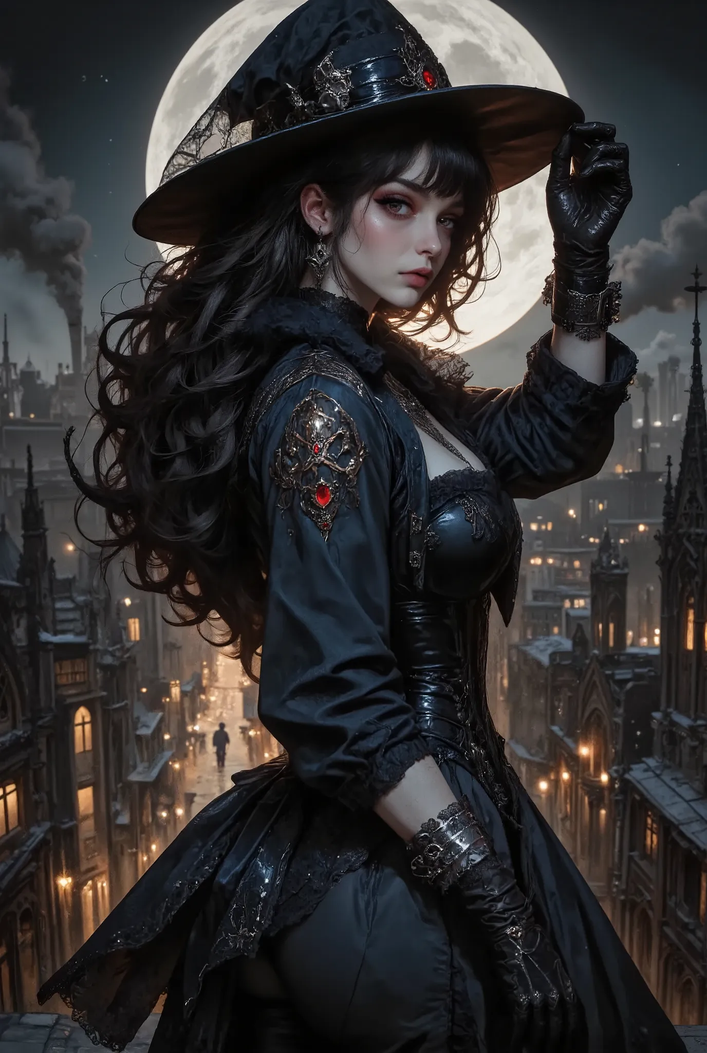 A young woman with a mysterious, almost mystical beauty stands on the edge of the roof of an ancient Gothic cathedral, turning in profile to the viewer. Her face, illuminated by the cold moonlight, seems to be carved out of marble – high cheekbones, a stra...