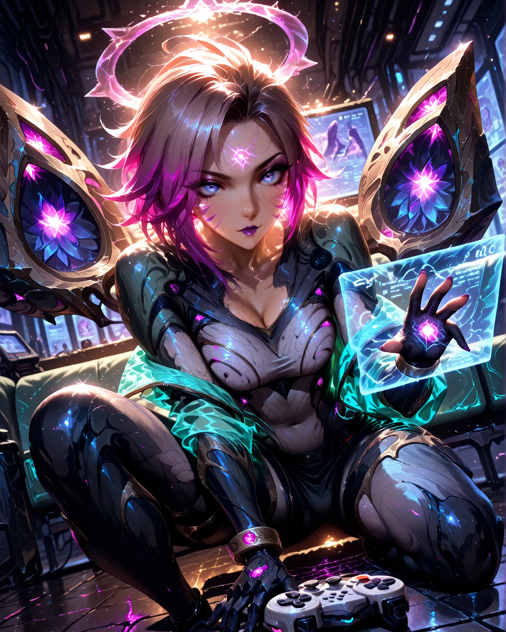  Masterpiece, ultra detailed, 4k resolution, cinematic lighting, dynamic angle, perfect anatomy, natural proportions, expressive faces, realistic shading, smooth ambient occlusion, Kaisa (from the game League of Legends) wearing her arcade skin with long m...