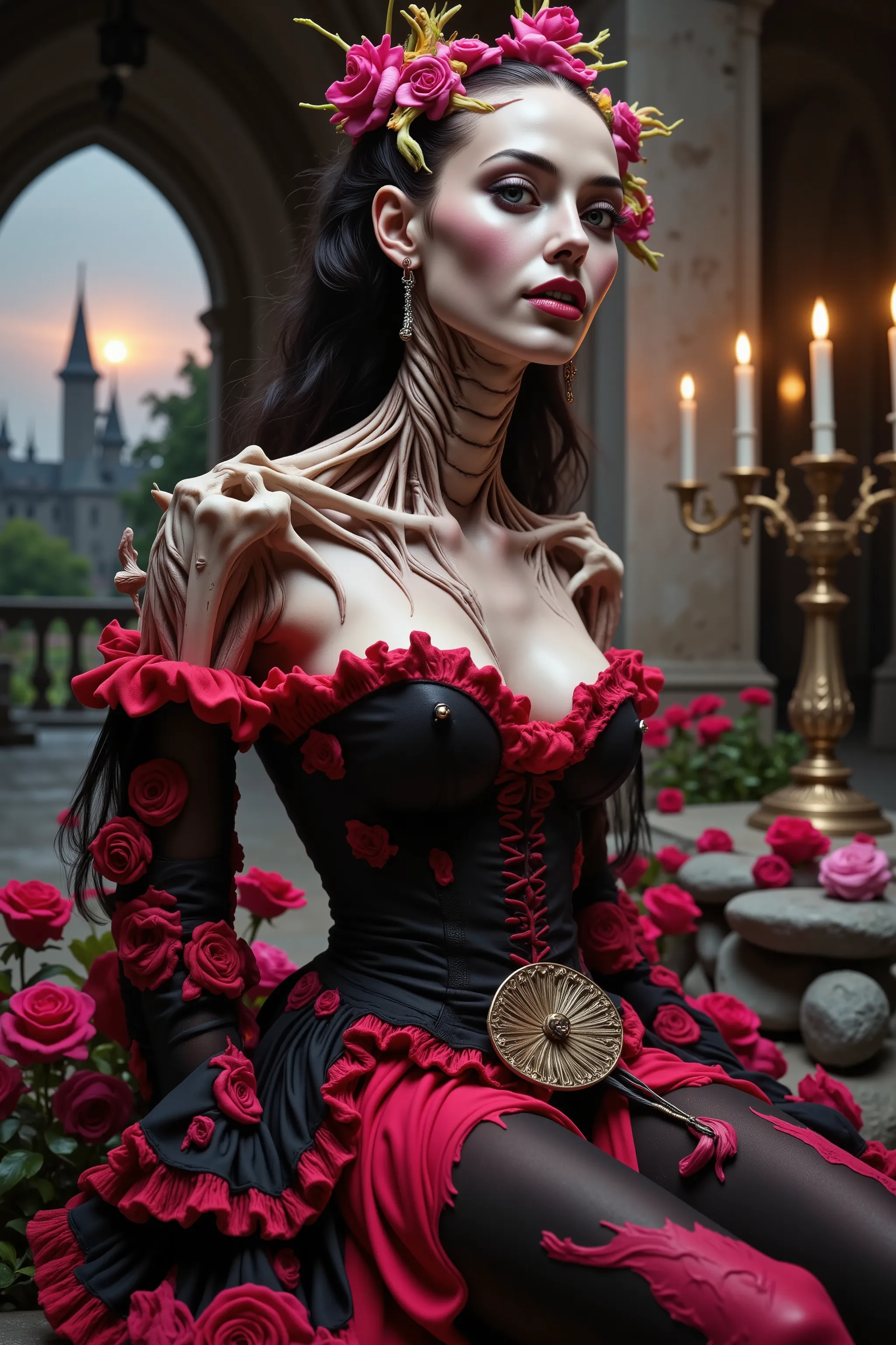 Ultra-realistic, photo-realistic, cinematic photography, realistic, hyperrealistic. A striking figure with an intricately elongated and skeletal neck creates a dramatic and surreal impression. The skin is pale, almost ghostly, stretching over the sinewy ...
