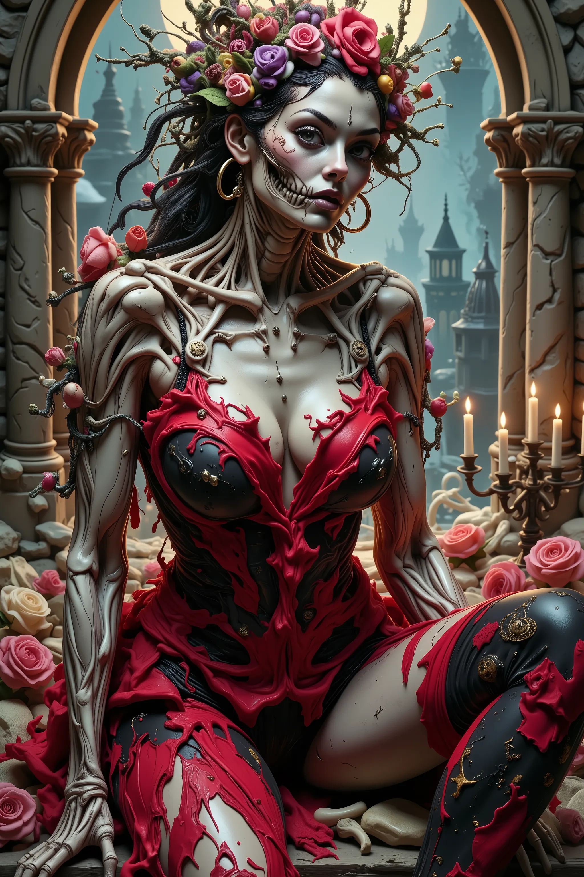 Ultra-realistic, photo-realistic, cinematic photography, realistic, hyperrealistic. A striking figure with an intricately elongated and skeletal neck creates a dramatic and surreal impression. The skin is pale, almost ghostly, stretching over the sinewy ...