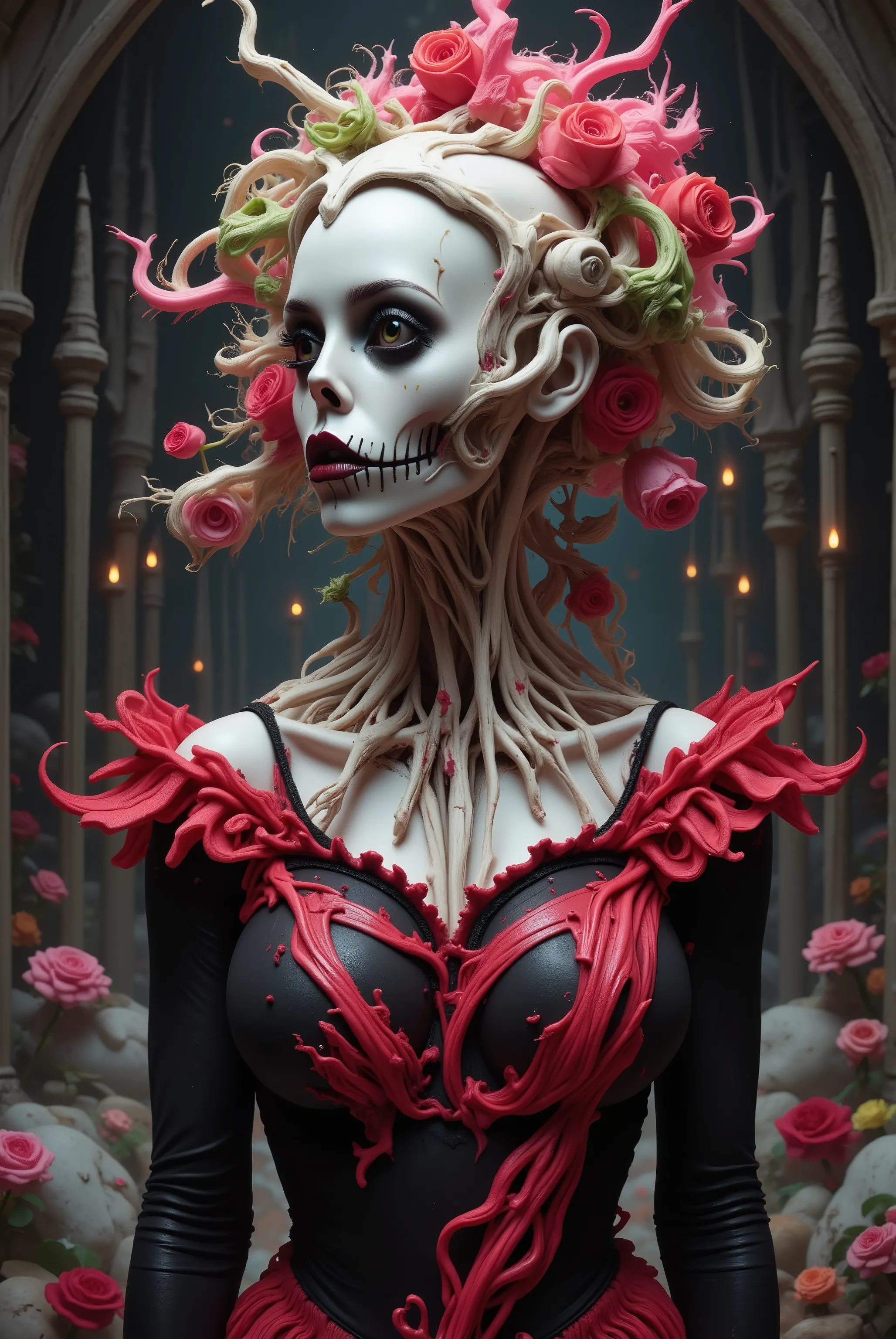 Ultra-realistic, photo-realistic, cinematic photography, realistic, hyperrealistic. A striking figure with an intricately elongated and skeletal neck creates a dramatic and surreal impression. The skin is pale, almost ghostly, stretching over the sinewy ...