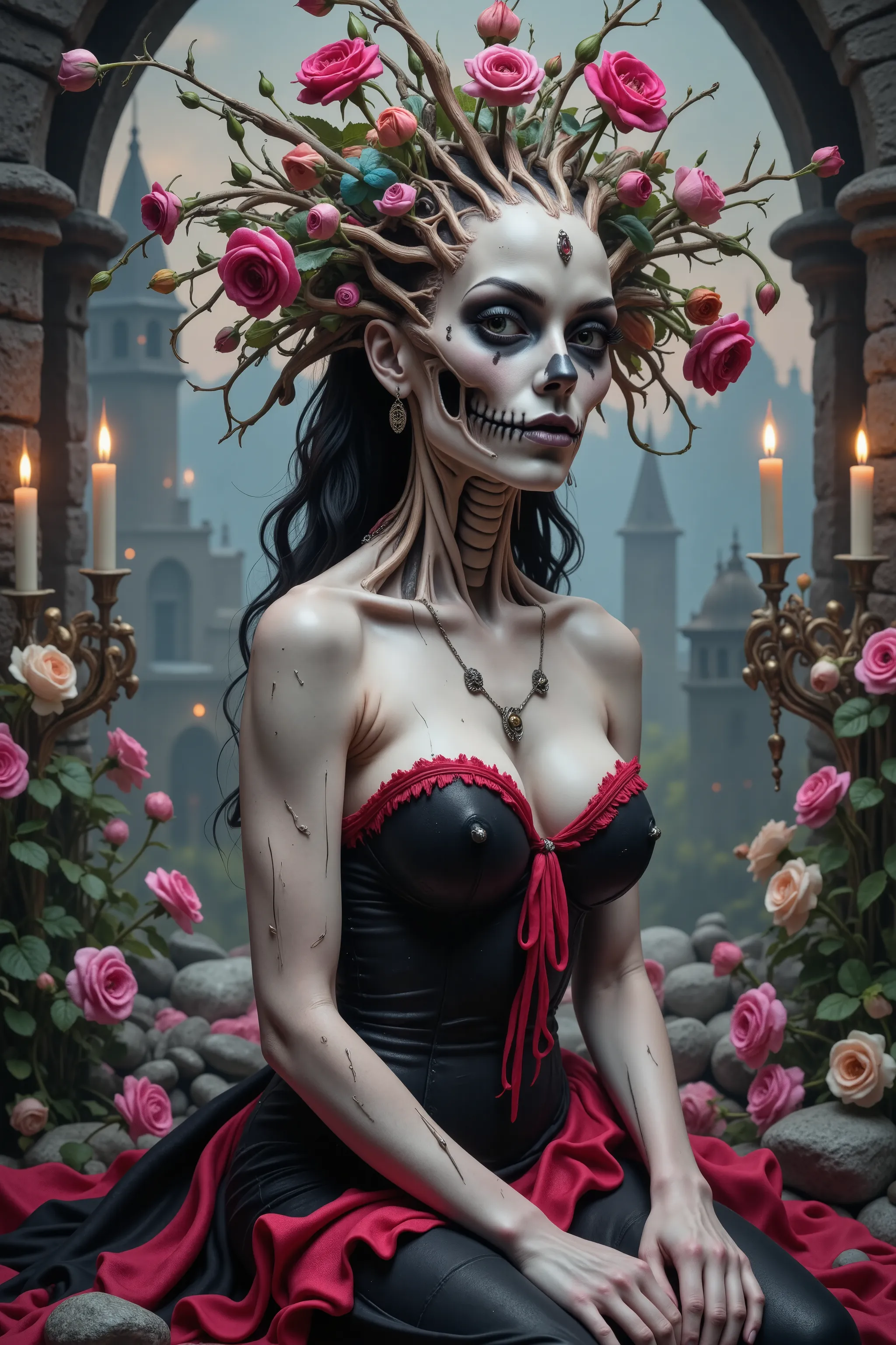 Ultra-realistic, photo-realistic, cinematic photography, realistic, hyperrealistic. A striking figure with an intricately elongated and skeletal neck creates a dramatic and surreal impression. The skin is pale, almost ghostly, stretching over the sinewy ...