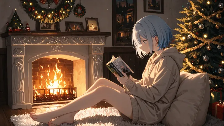 Anime-style girl with short silver-blue hair, sitting cross-legged on a fluffy carpet in front of a fireplace, reading a book with a calm expression, Christmas tree glowing behind her, side view only, no movement, perfect for a quiet holiday loop scene --v...