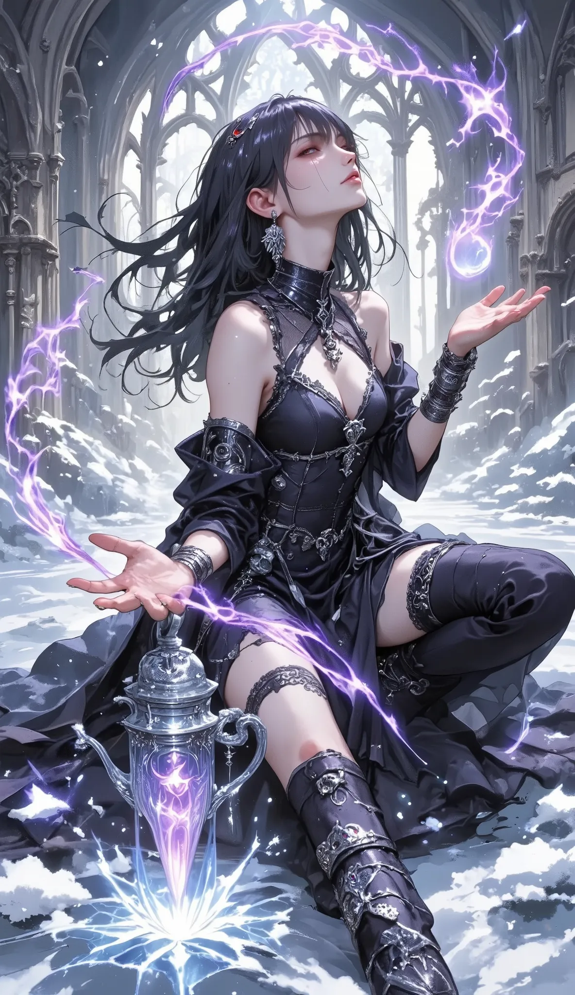 A Gothic beauty maid with long straight black hair froze at the moment of the coffee-making ritual: her hands were raised up, fingers gracefully curved, as if absorbing energy from the surrounding space. His left palm is open to the sky, and a smoky purple...