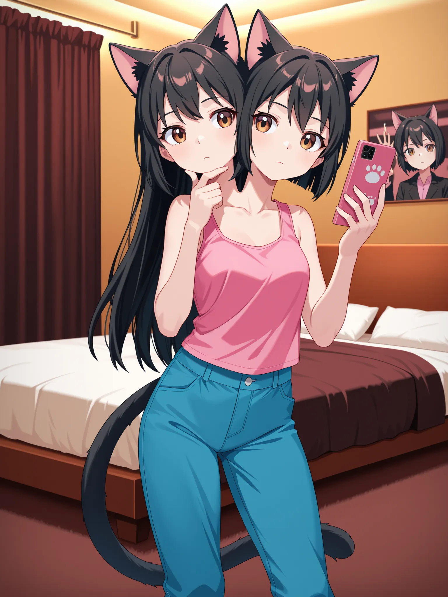 conjoined, anime catgirl with two heads, cat ears, black hair, left head has long hair and right head has short hair, brown eyes, cat tail, pink tank top, blue pants, looking at a cell phone in her hand, other hand on chin, hotel bedroom, costume on displa...