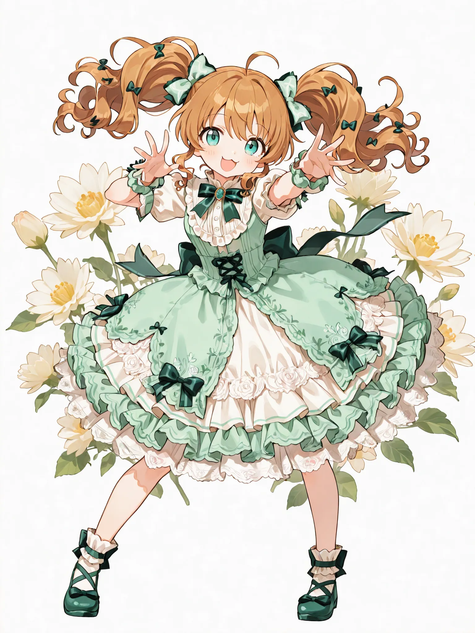 super detailed illustration of one girl's sweet lolita dress, solo, brown wavy hair, twin tails, Lace Hair Bows , aqua eyes, , Happy Smile, open mouth, :3,  idol costume in brown and mint green tones , dynamic pose, cute pose, Perfect Anatomy, Perfect hand...