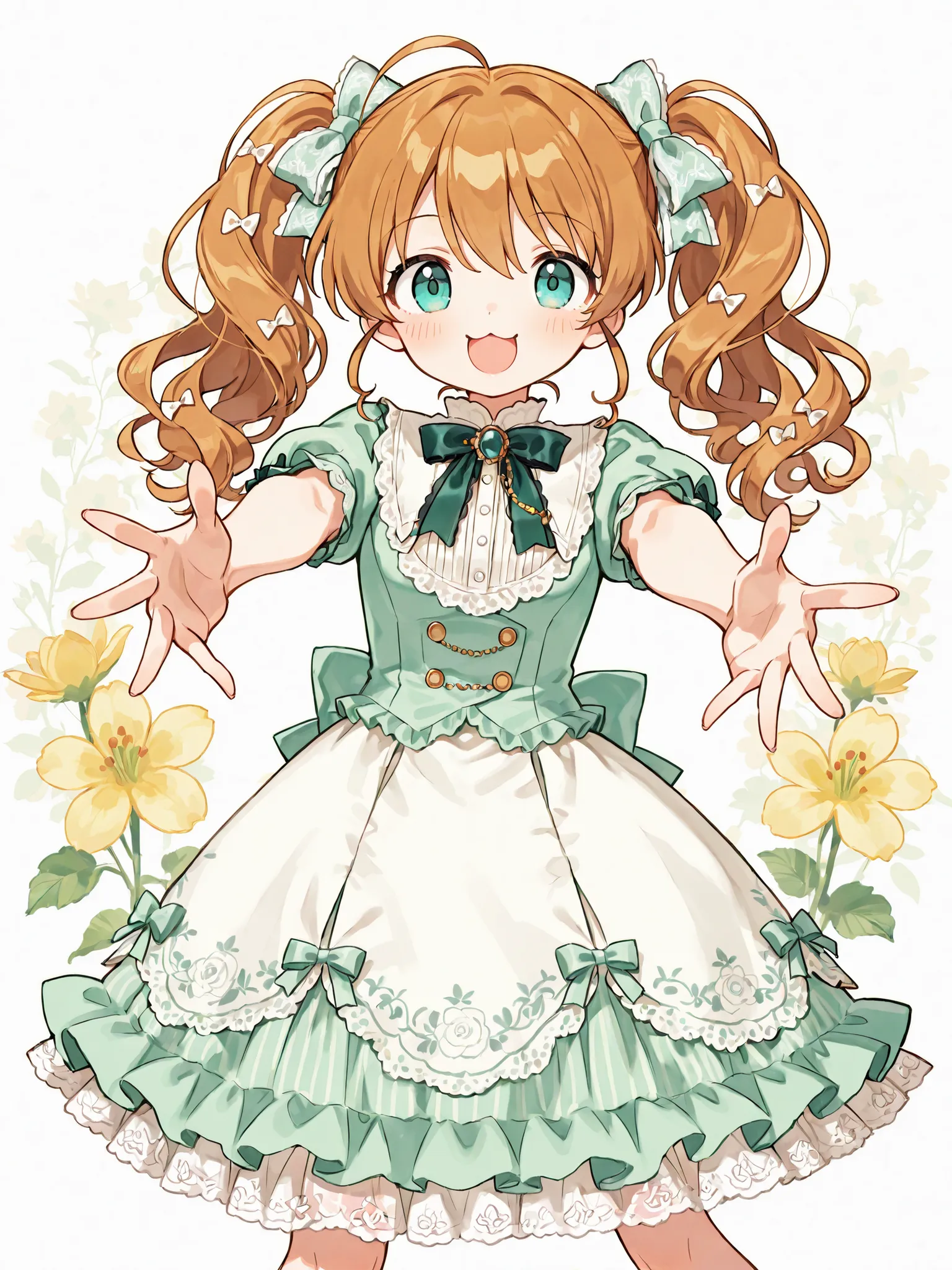 super detailed illustration of one girl's sweet lolita dress, solo, brown wavy hair, twin tails, Lace Hair Bows , aqua eyes, , Happy Smile, open mouth, :3,  idol costume in brown and mint green tones , dynamic pose, cute pose, Perfect Anatomy, Perfect hand...