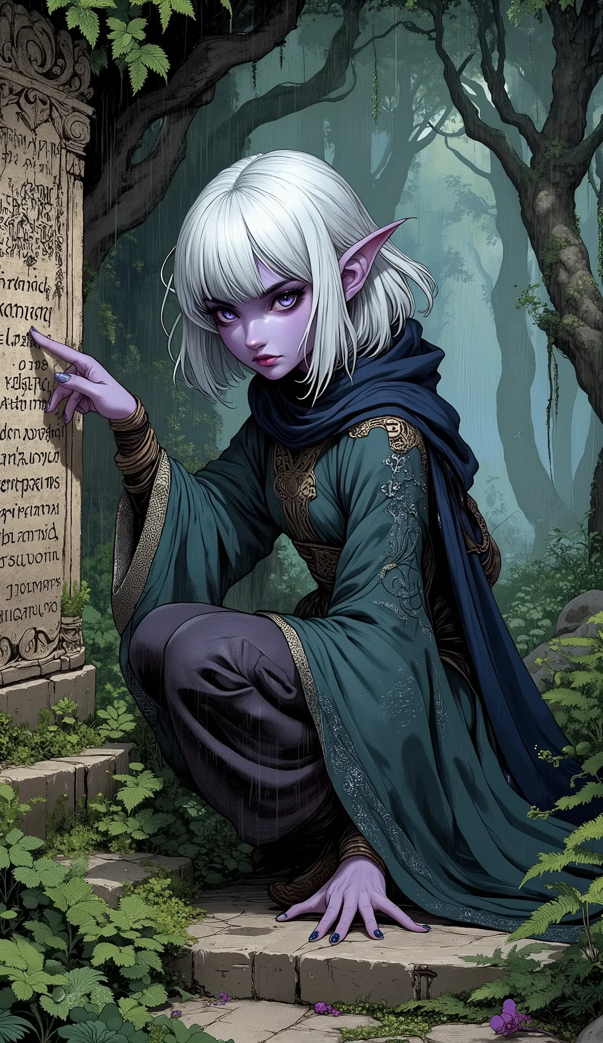 (A lithe and graceful Drow woman, her slender limbs and delicate fingers highlighted against her dark purple skin. She has striking white hair with neat bangs, soft white eyebrows, and captivating lavender almond-shaped eyes with thick, sharp eyeliner and ...